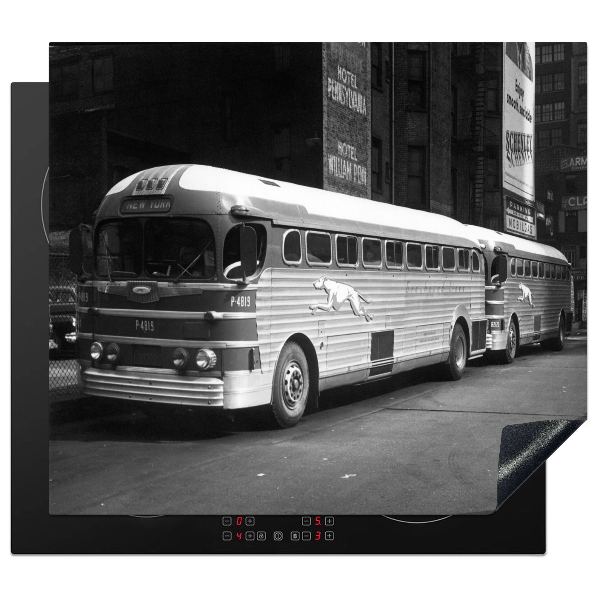 Vintage Ceranfeldabdeckung - Weiß, - - nutzbar, Mobile Herdblende-/Abdeckplatte cm, Bus Schwarz 60x52 New (1 MuchoWow Arbeitsfläche Vinyl, - tlg), York