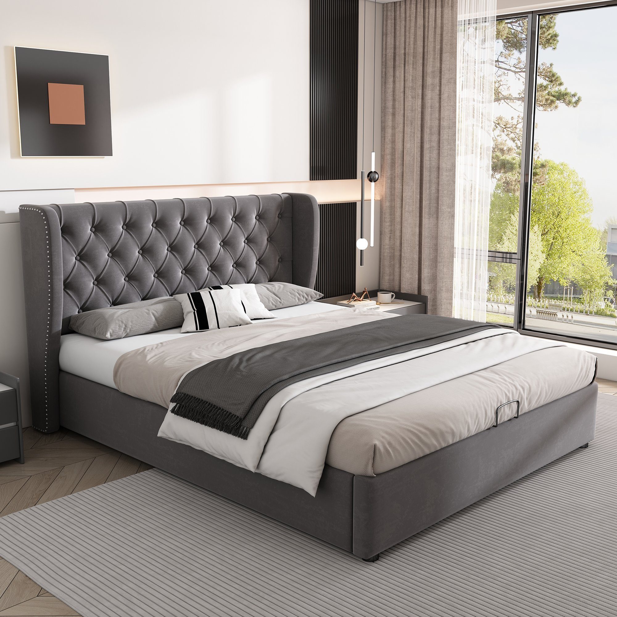 REDOM Polsterbett Doppelbett Bett Stauraumbett Jugendbett gepolsteres Bettgestell (Massivholz Untergestell mit Hydraulisch anhebbarer Bettstauraum, Samt Bezug Funktionsbett mIt Staufächer 140x200 cm Ohne Matratze), mit weichem Kopfteil Schaum-Polsterung Ohrenform Große Knopfnähte