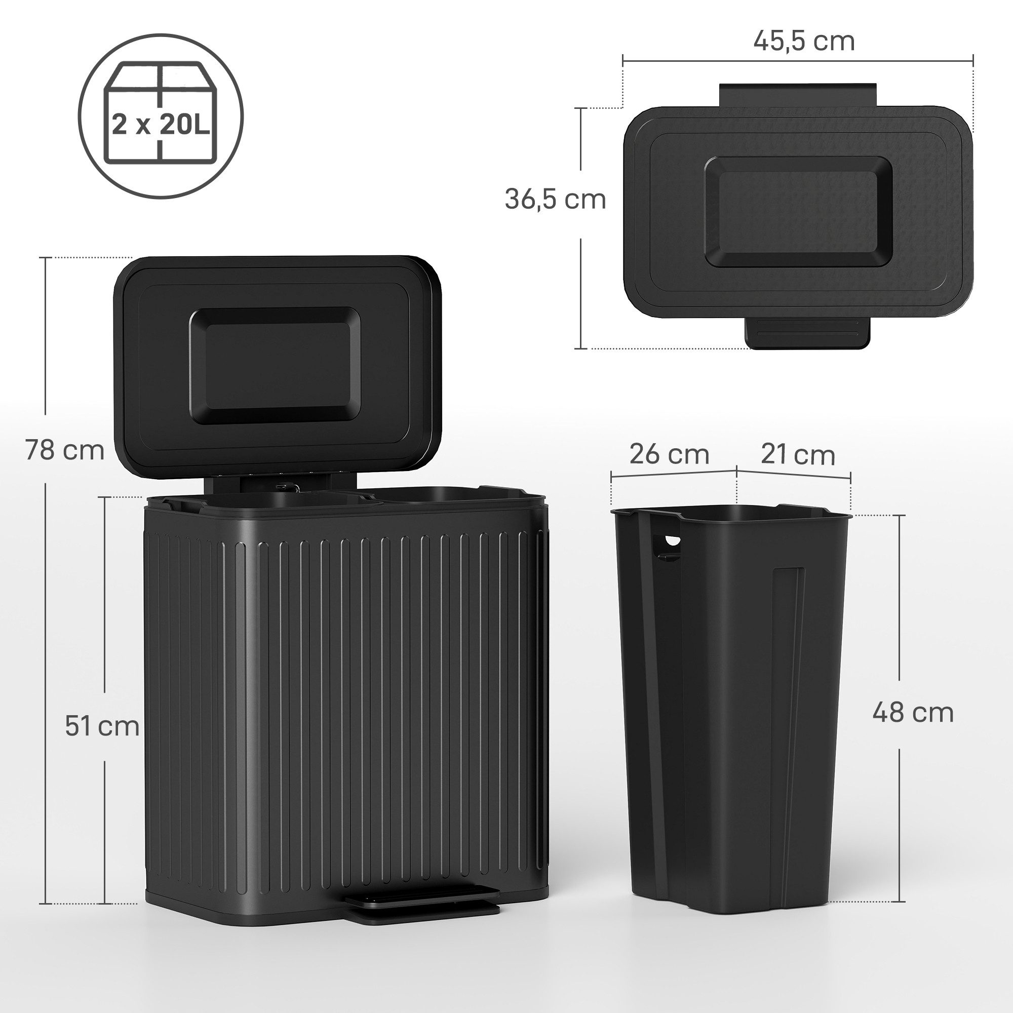HOMCOM Mülltrennsystem Treteimer 2 x 20 L Soft-Close-Deckel Offenhaltefunktion, für Küche, Schlafzimmer, Schwarz