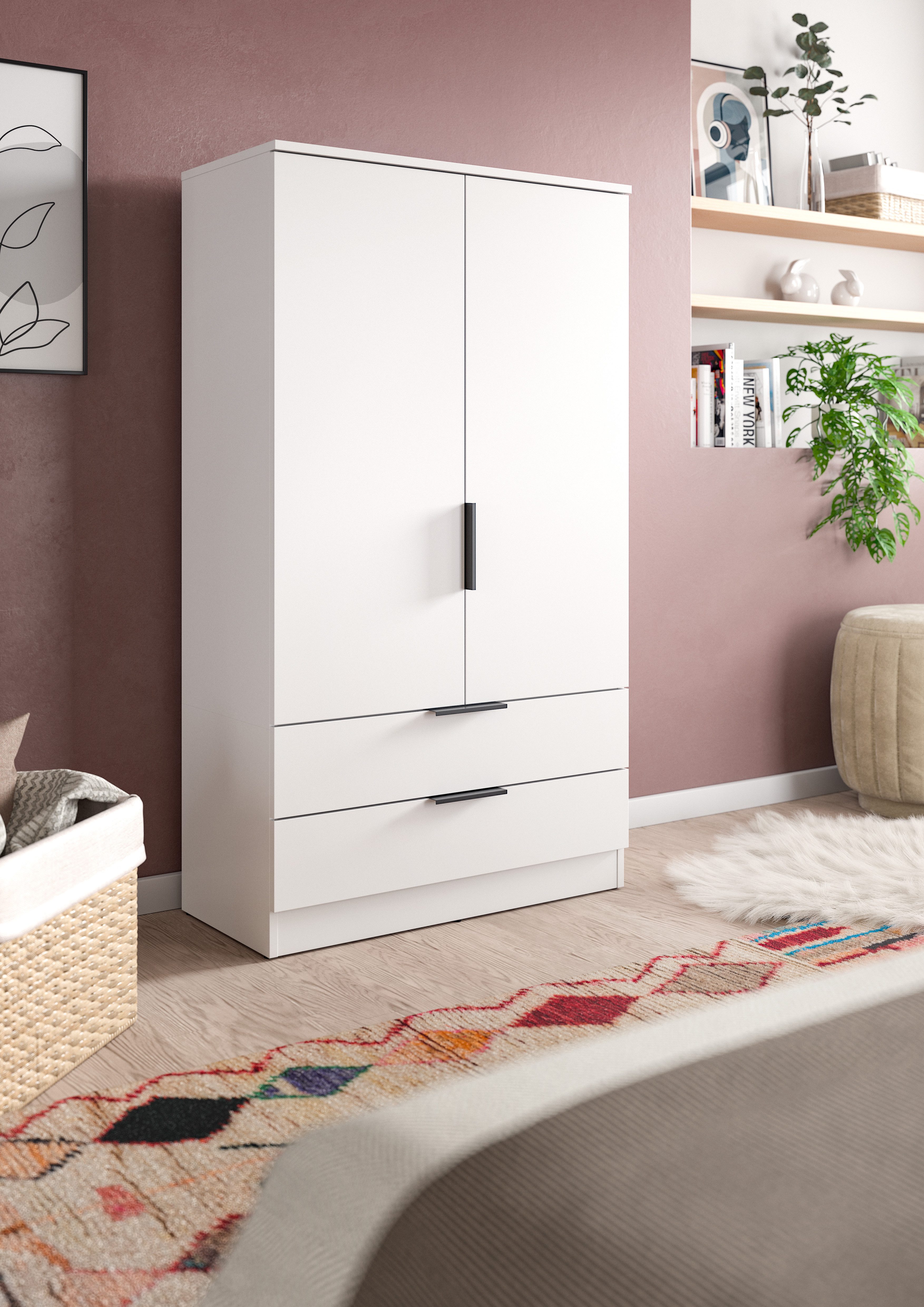 furnling Wäscheschrank Kovena 1 Kleiderstange, 2 Türen, 2 Schubladen, Breite 80 cm, weiß – Bild 2 von 5