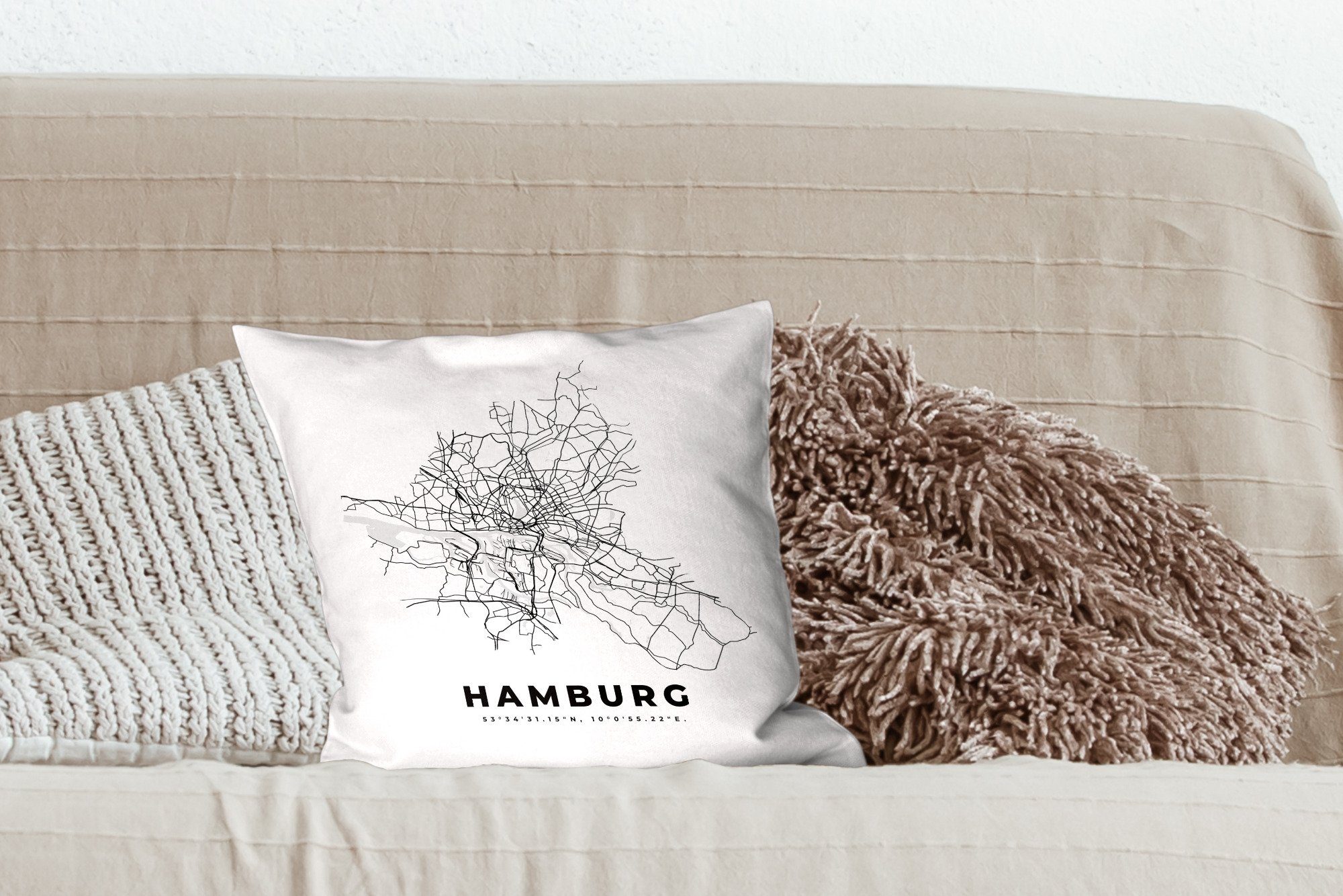 Zierkissen Füllung Karte Deutschland, für Stadtplan Deko, Hamburg Sofakissen MuchoWow mit - - Dekokissen Schlafzimmer, Wohzimmer, Schwarz-weiß - -