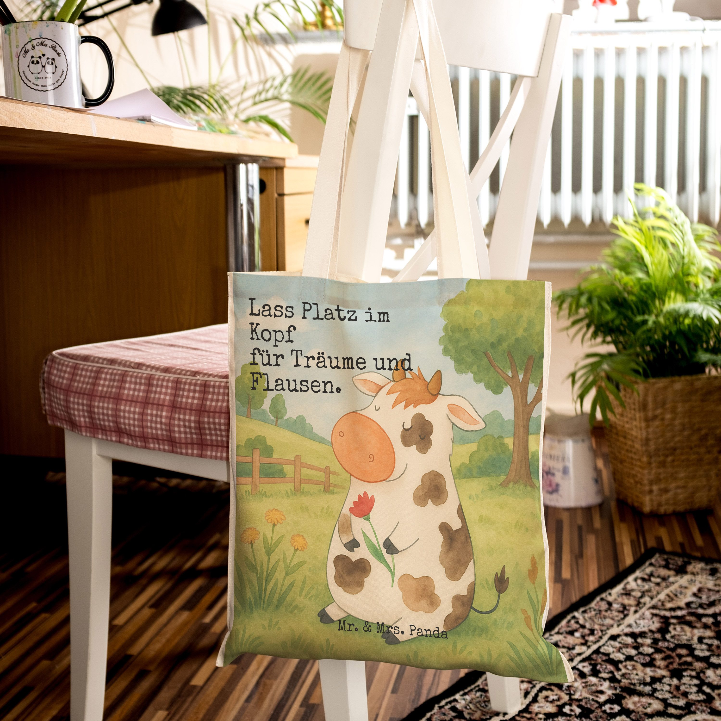 Mr. & Mrs. Panda Tragetasche Kuh Design, Tote Bag, Weiß, Beutel, Hof, Stofftragetasche, Milch, Tas (Packung), Träume Shoppingtasche Kuh