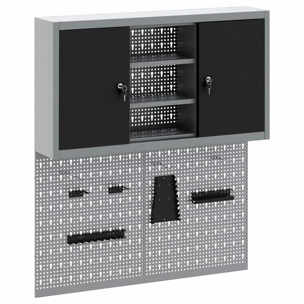 vidaXL Lochwand Werkzeugschrank und Pegboard Set mit Regal 3 pcs Schwarz, (3-tlg)