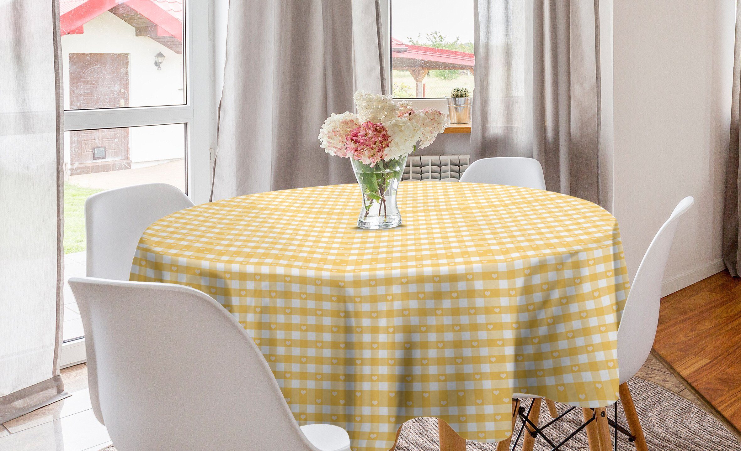 Abakuhaus Tischdecke Kreis Tischdecke Abdeckung für Esszimmer Küche Dekoration, Weinlese-Gelb karierte Muster