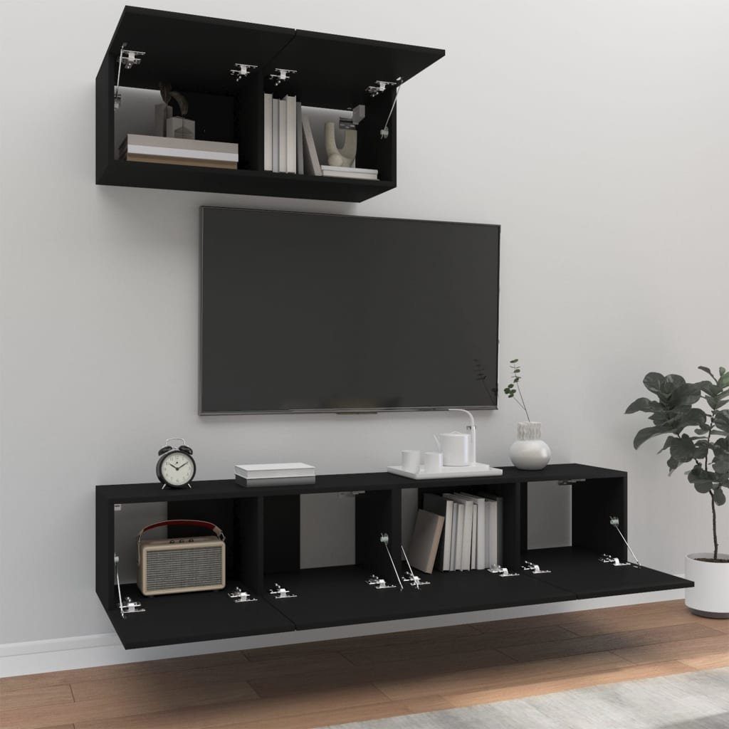 furnicato 3-tlg. TV-Schrank TV-Schrank-Set Schwarz Holzwerkstoff