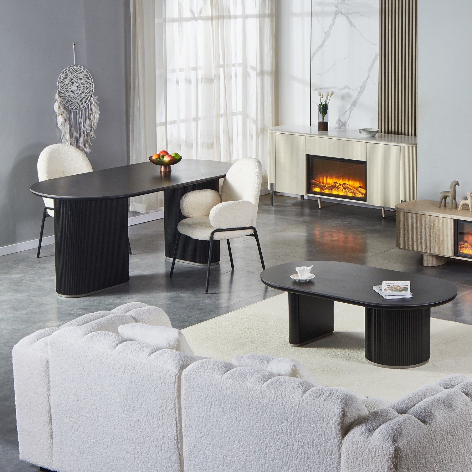 HOOZ Wohnzimmertisch Couchtisch & Esstisch Set Oval Modern – 130x70 cm & 180x90 cm Schwarz (Set, 4-St., 1× Esstisch & 1× Couchtisch), Tisch mit geriffeltem Gestell & goldfarbenem Ring am Sockel