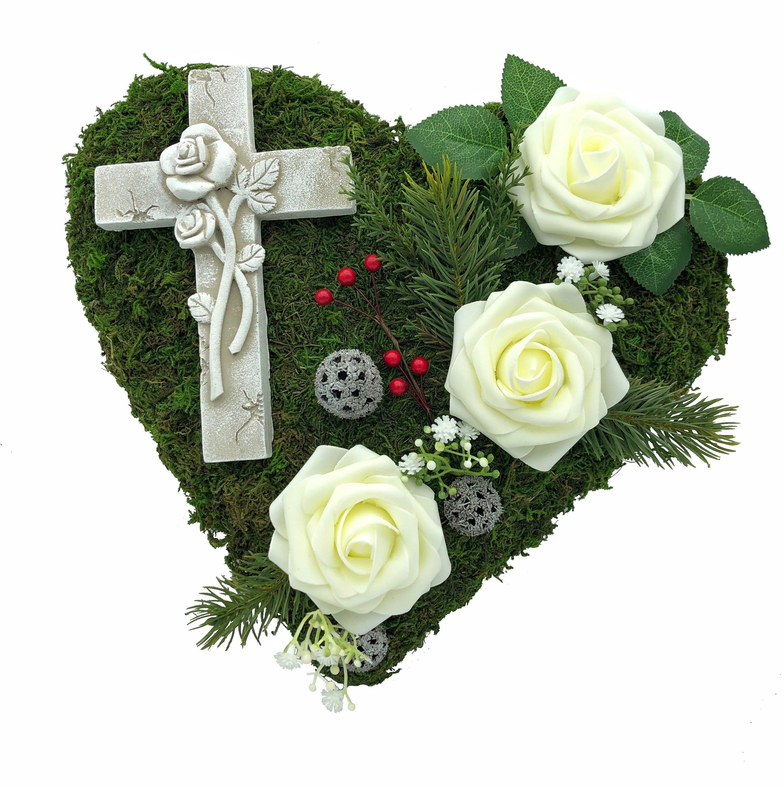 Grabgesteck weiß "Kreuz" Grabherz Moosherz Gartenfigur Radami 3 Rosen