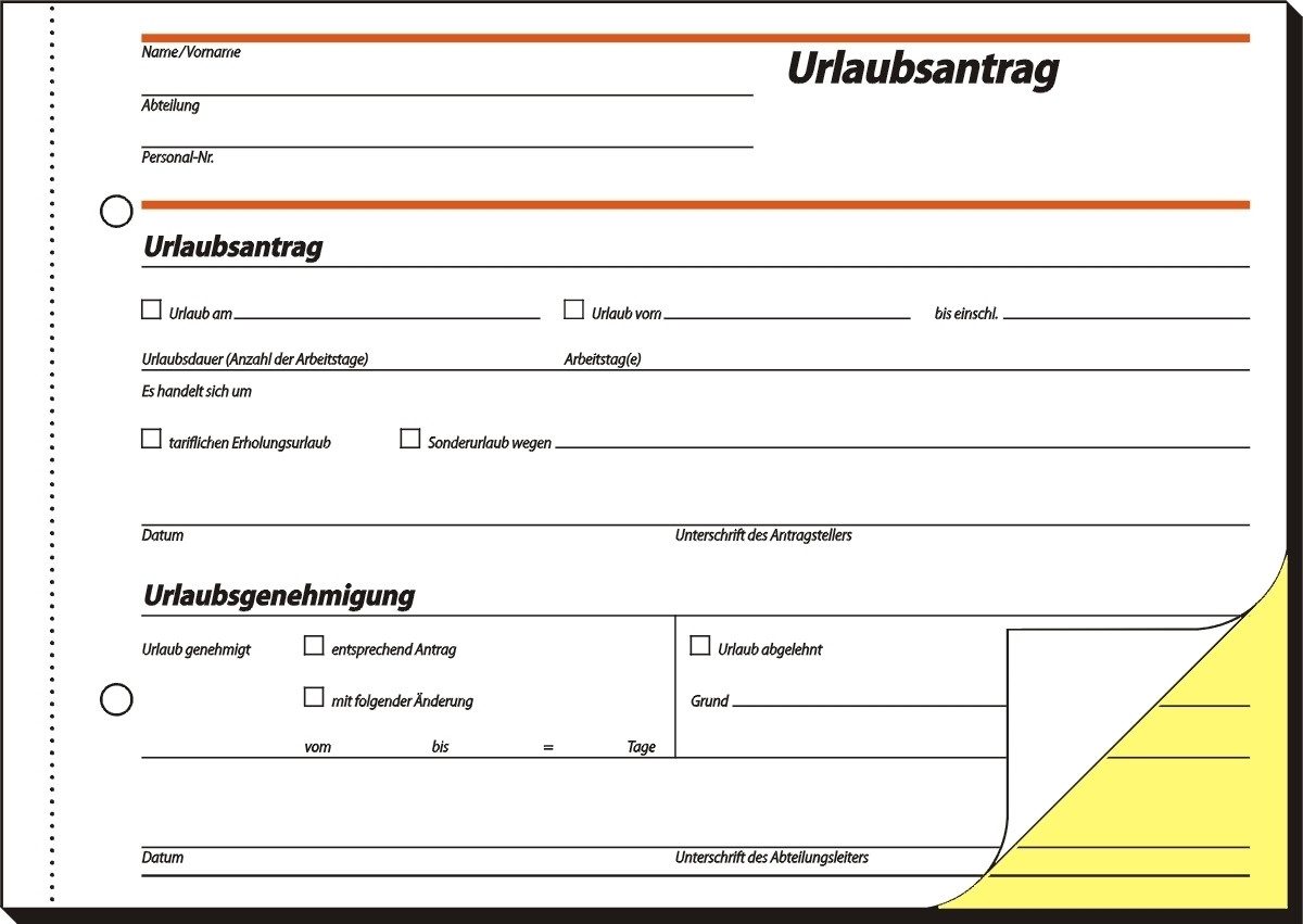 Formularblock Formularbuch Urlaubsantrag A5 selbstdurchschreibend 2-fach VE=2x40 Bl.
