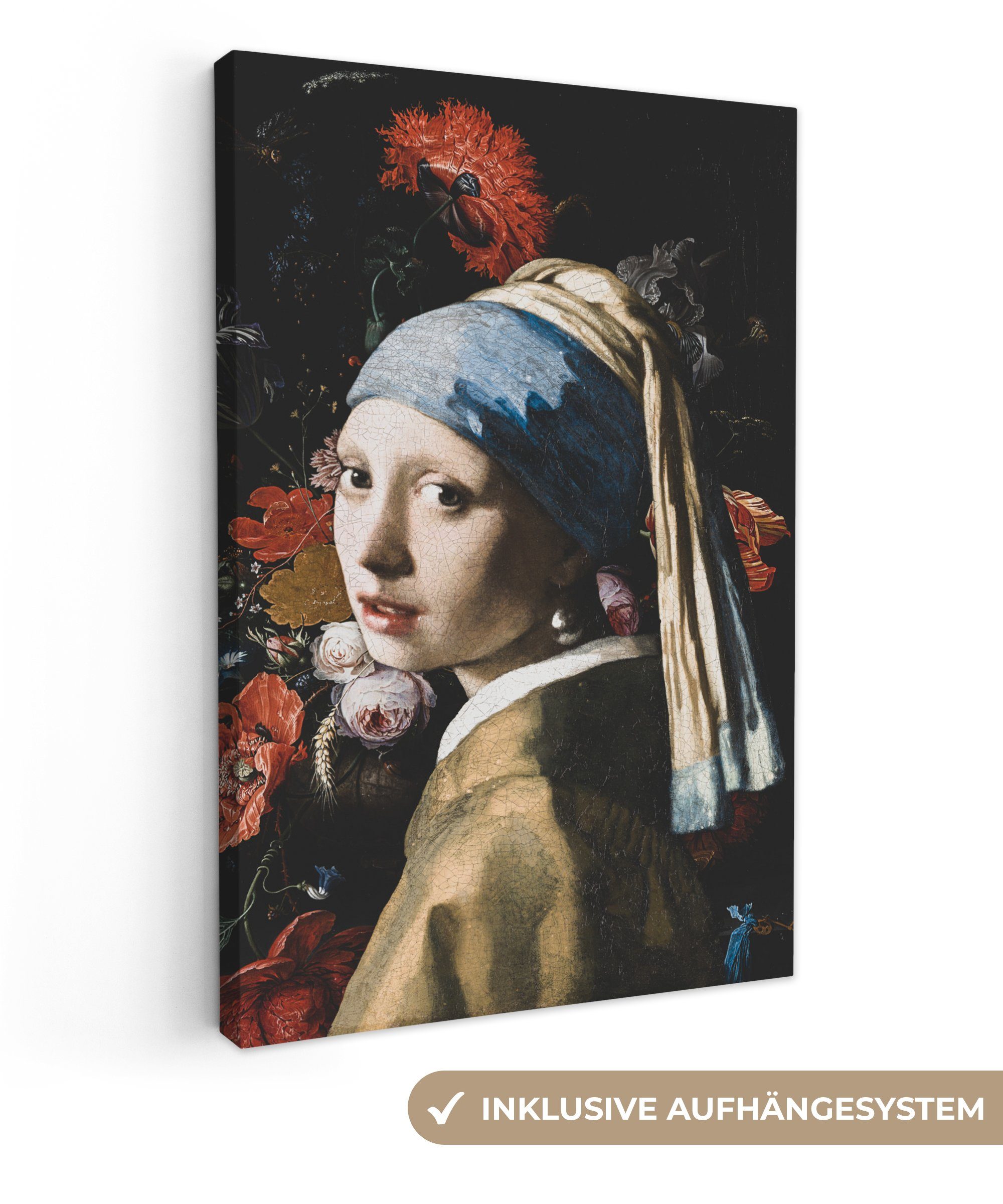 OneMillionCanvasses® Gemälde Mädchen mit Perlenohrring - Johannes Vermeer - Blumen - Rot, (1 St), Leinwandbild fertig bespannt inkl. Zackenaufhänger, Gemälde, 20x30 cm
