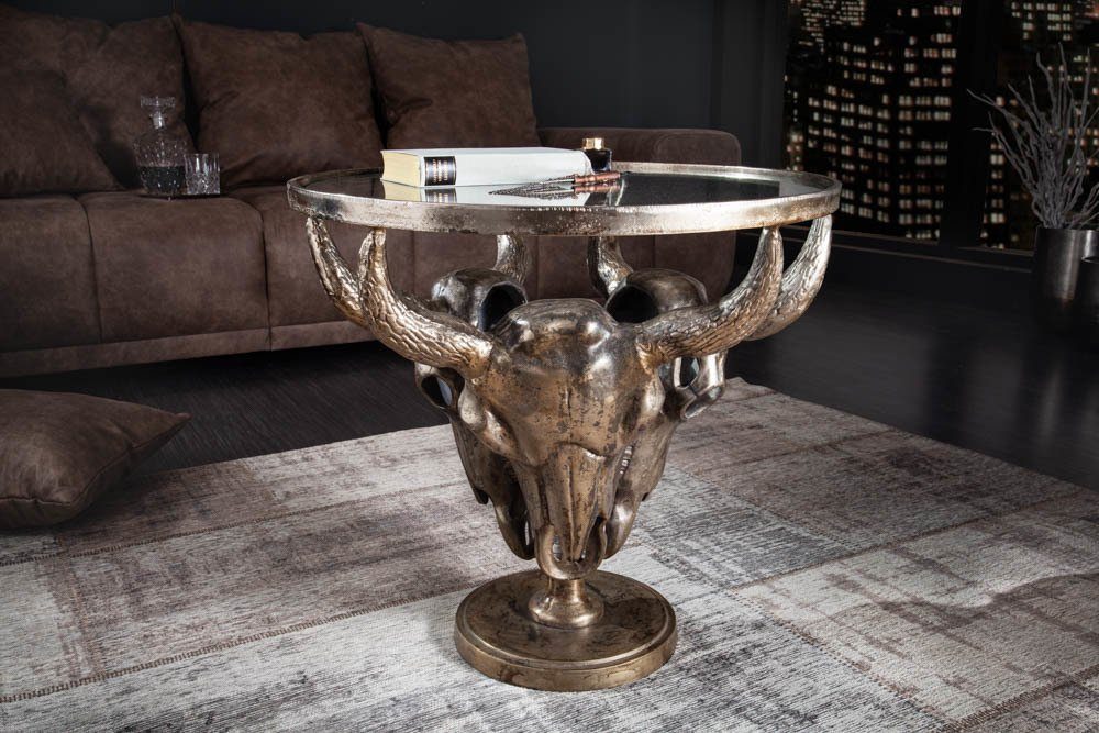 riess-ambiente Couchtisch MATADOR 56cm bronze, Wohnzimmer · Metall · rund · Stierkopf · Glasplatte · Wild-West Stil