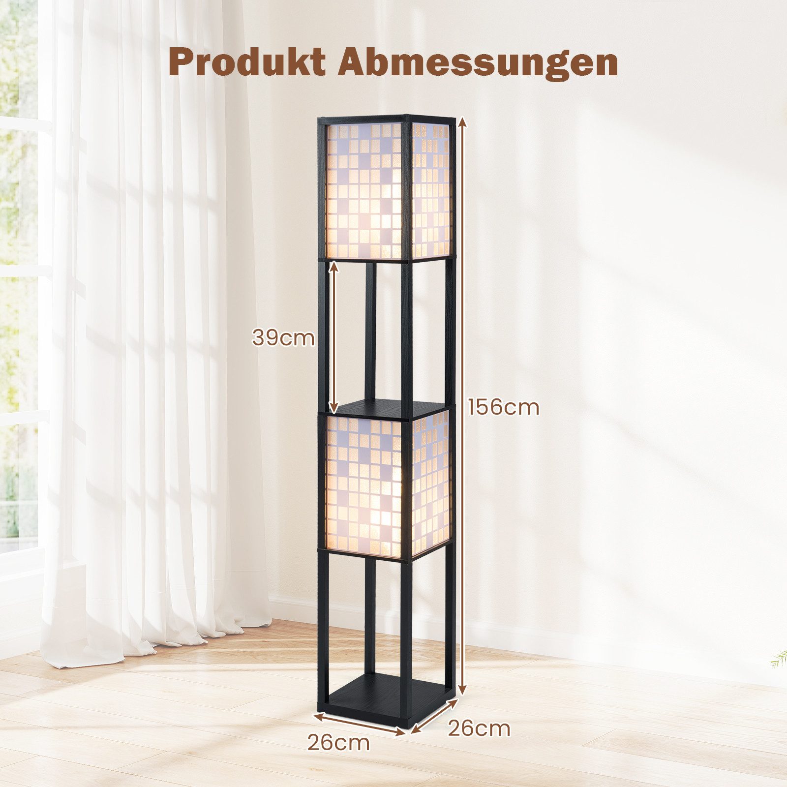 COSTWAY Stehlampe, 156cm Holzregal, Fußschalter, Würfel Muster-Lampenschirmen