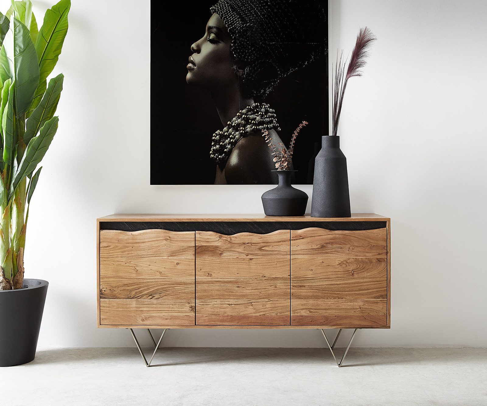 DELIFE Sideboard Stonegrace, Natur 147x45 cm Akazie 3 Türen Baumkante