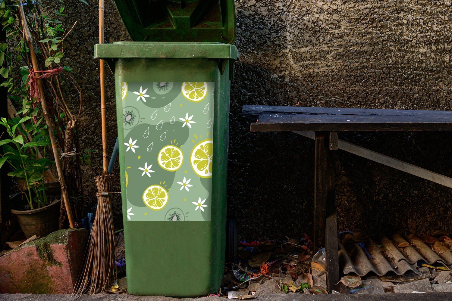 Sticker, Tropfen MuchoWow Früchte Abfalbehälter - Container, - St), Mülltonne, Wandsticker Mülleimer-aufkleber, (1 Sommer Blumen -