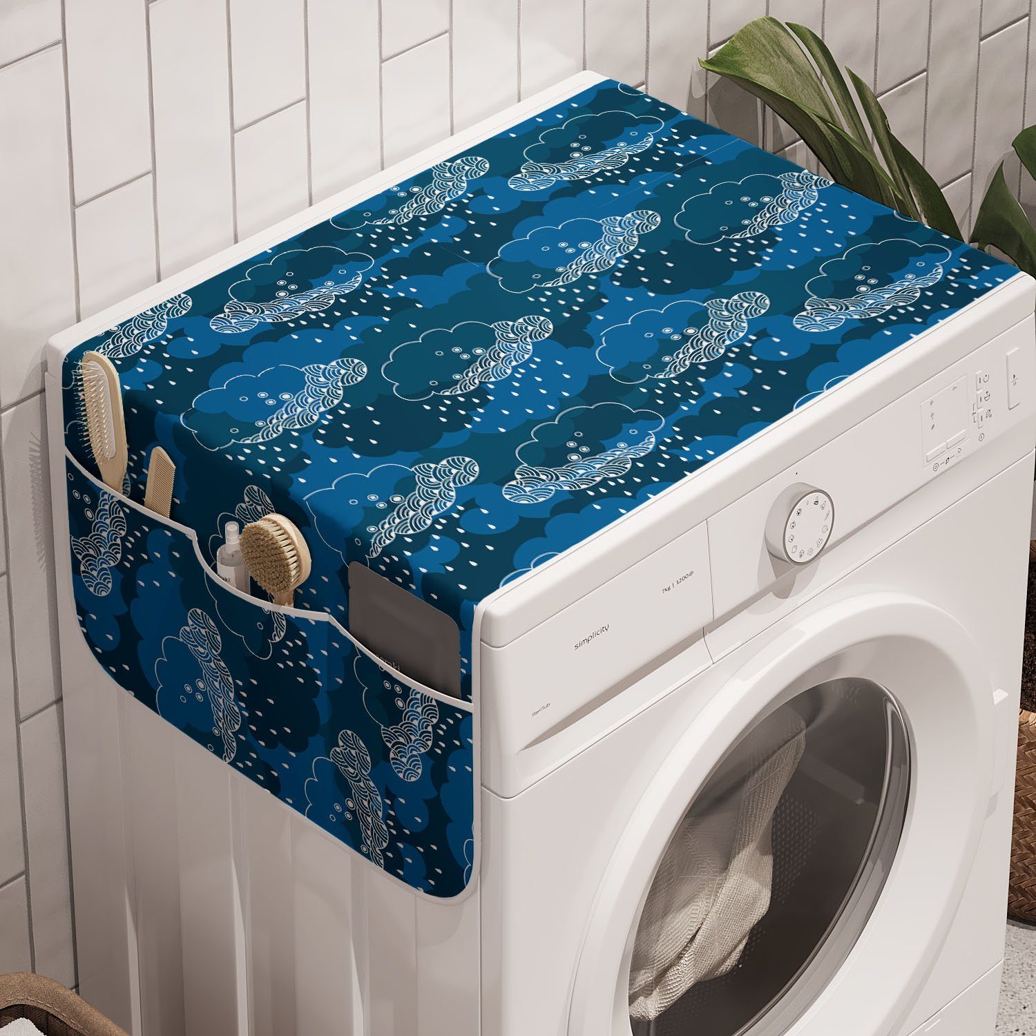 Abakuhaus Badorganizer Anti-Rutsch-Stoffabdeckung für Waschmaschine und Trockner, Blau und weiß Regen-Wolken-Grafik