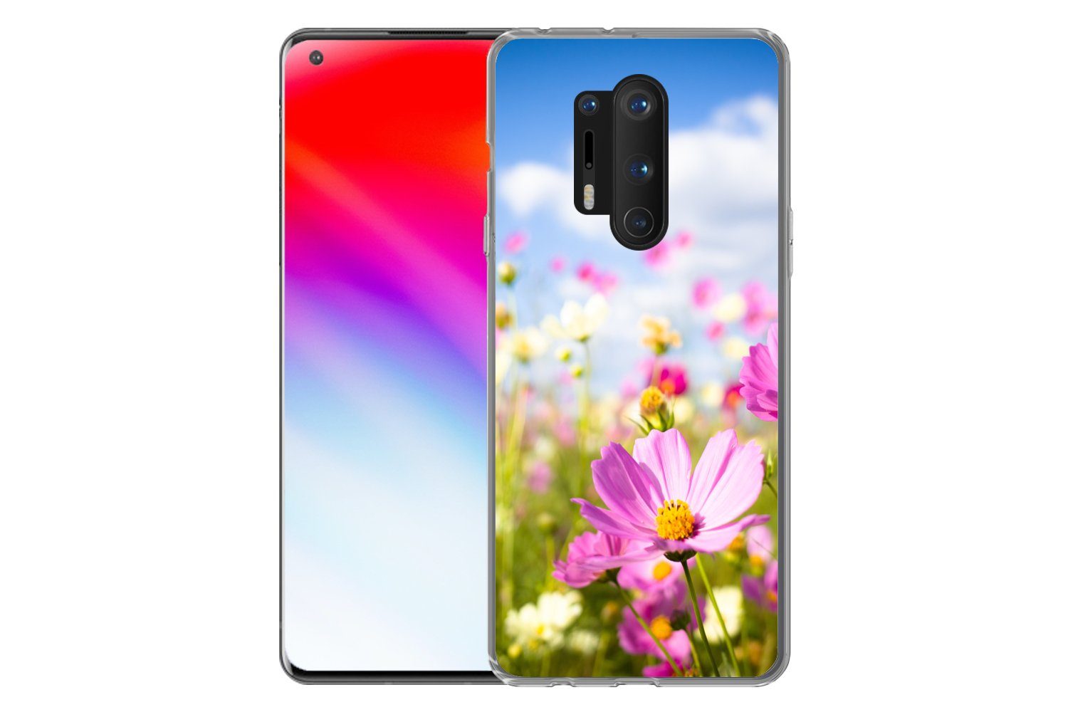 MuchoWow Handyhülle für OnePlus 8 Pro Blumen - Wiese - Lila - Gras - Weiß - Wolken - Blau, Phone Case, Silikon, Schutzhülle Dünn