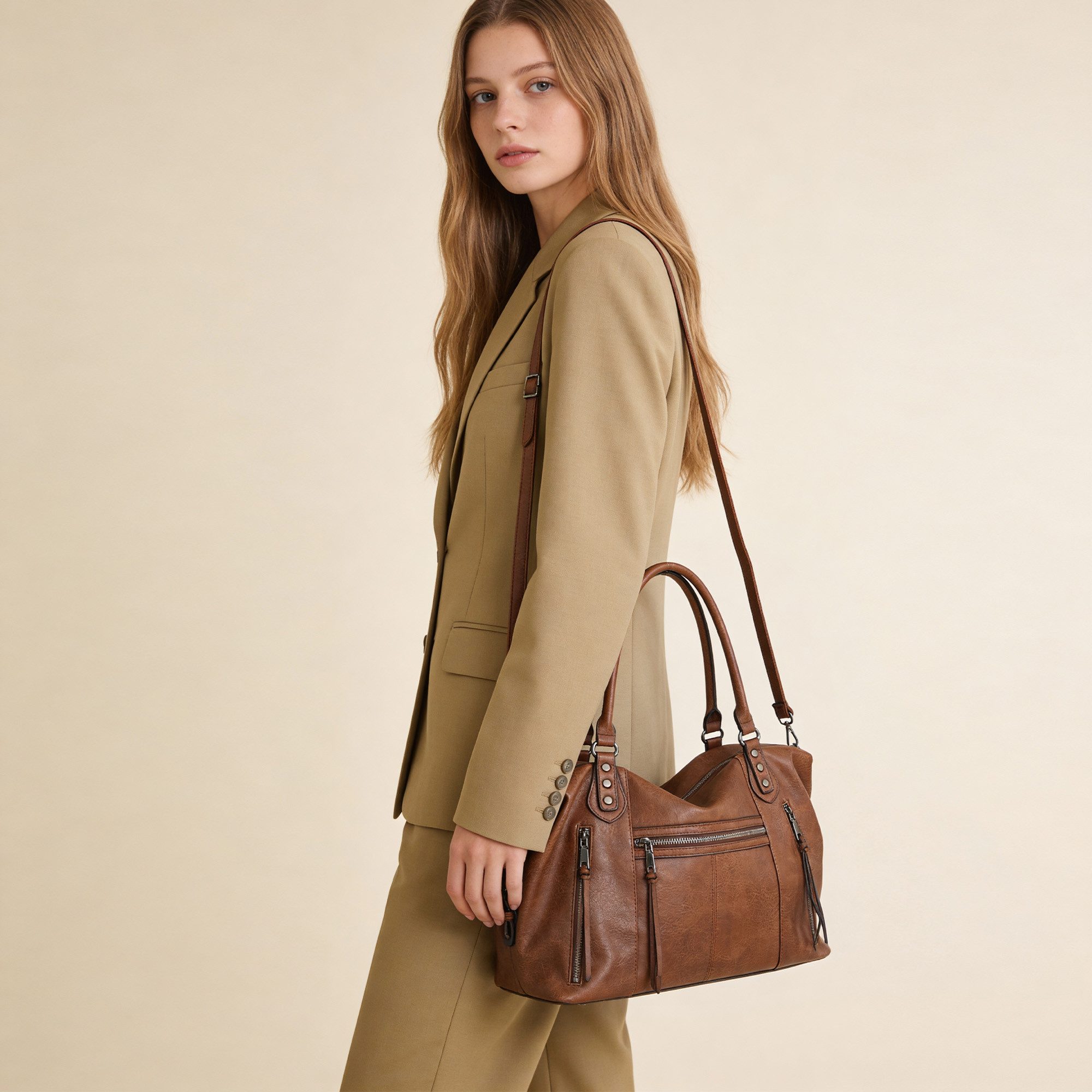 TANTOMI Handtasche Damenhandtasche Mittelgroße Crossbody Tasche, Mehreren Taschen, Vintage Shopper für Arbeit, Shopping, Alltag und Reisen
