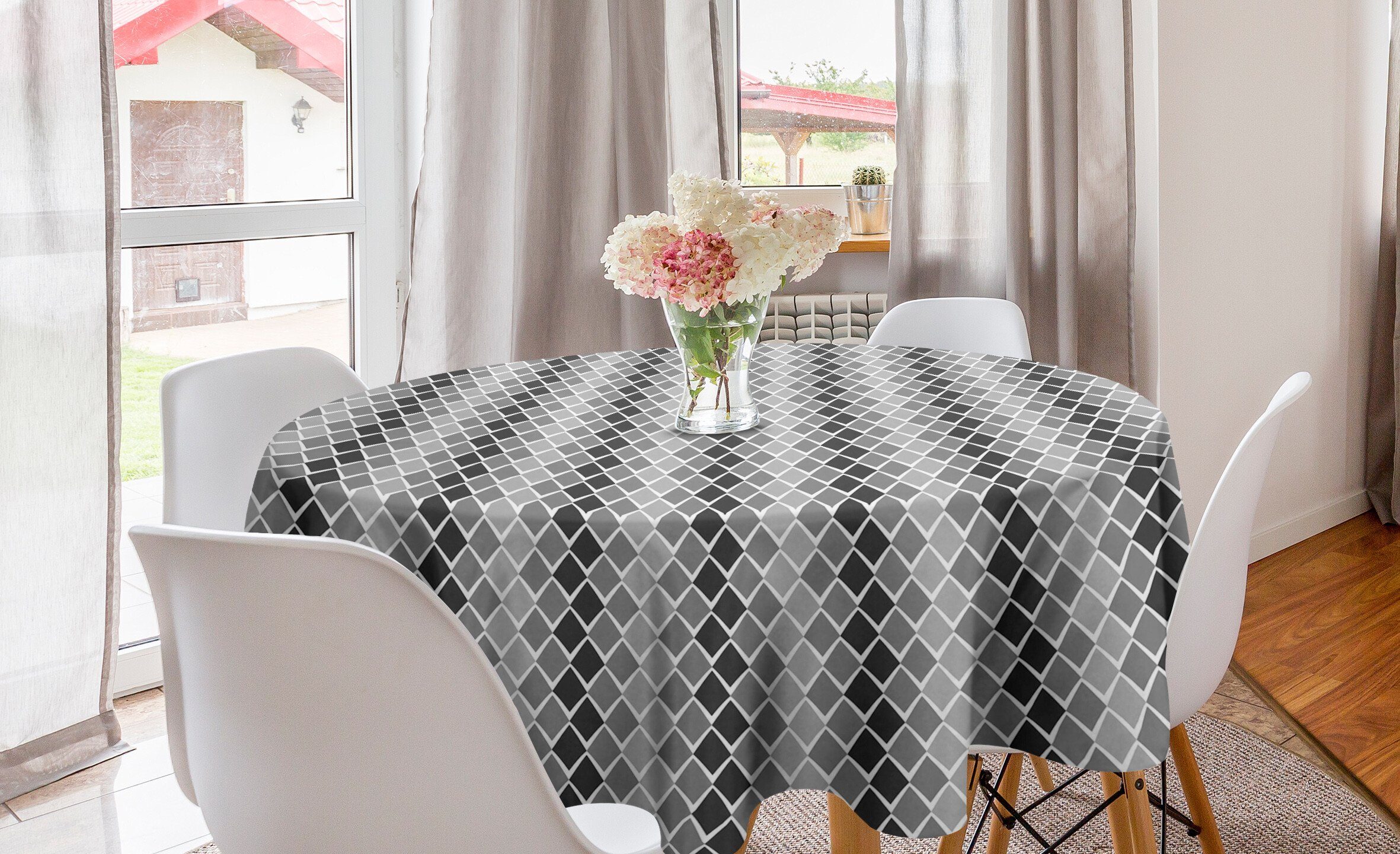 Abakuhaus Tischdecke Kreis Tischdecke Abdeckung für Esszimmer Küche Dekoration, Grau und Weiß geometrische Ombre