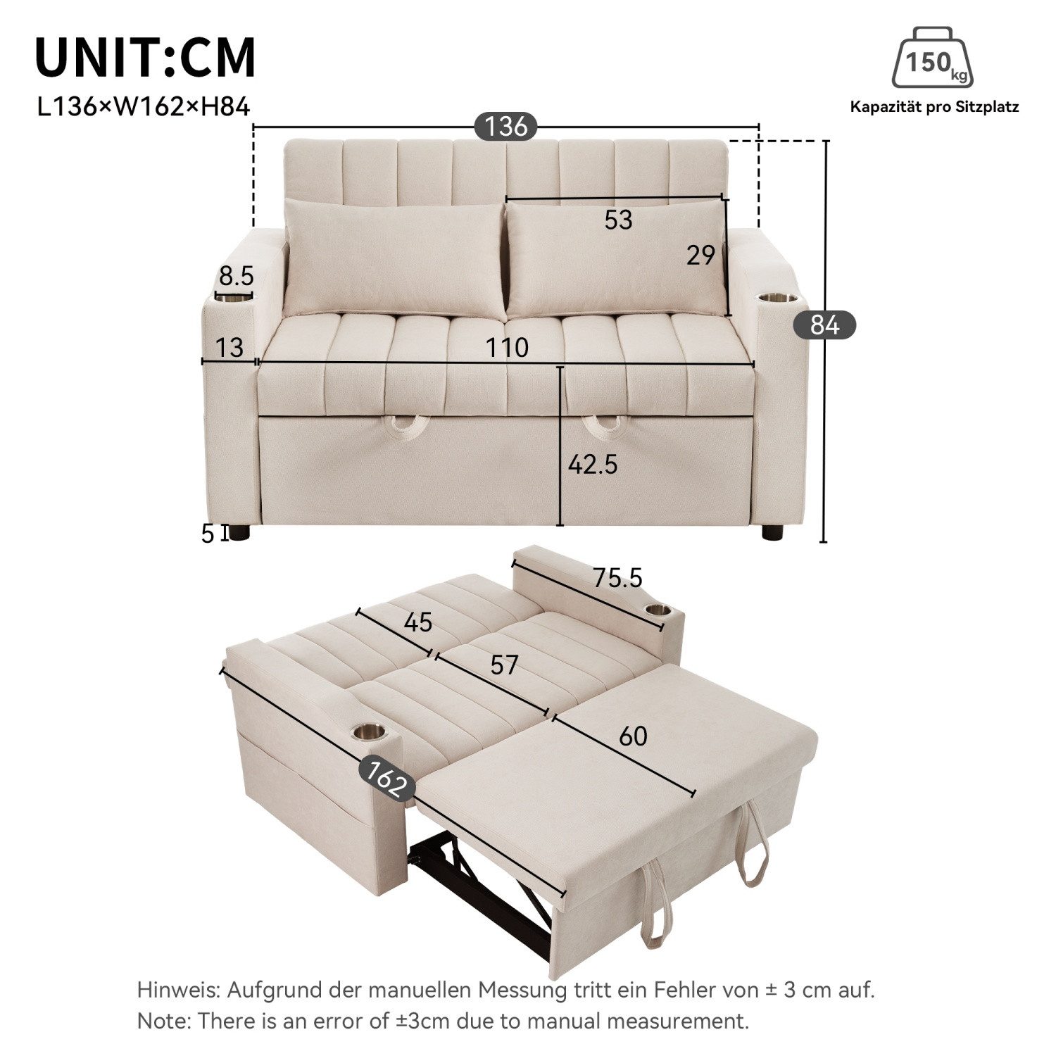 ANYSUN Schlafsofa modernes Doppel-Klappschlafsofa Bettsofa mit Schlaffunktion Sofa, Multifunktionssofa,Doppelsofa mit verstellbarer Rückenlehne, Getränkehalter und Kissen,geeignet für Wohnzimmer,Schlafzimmer,Wohnung