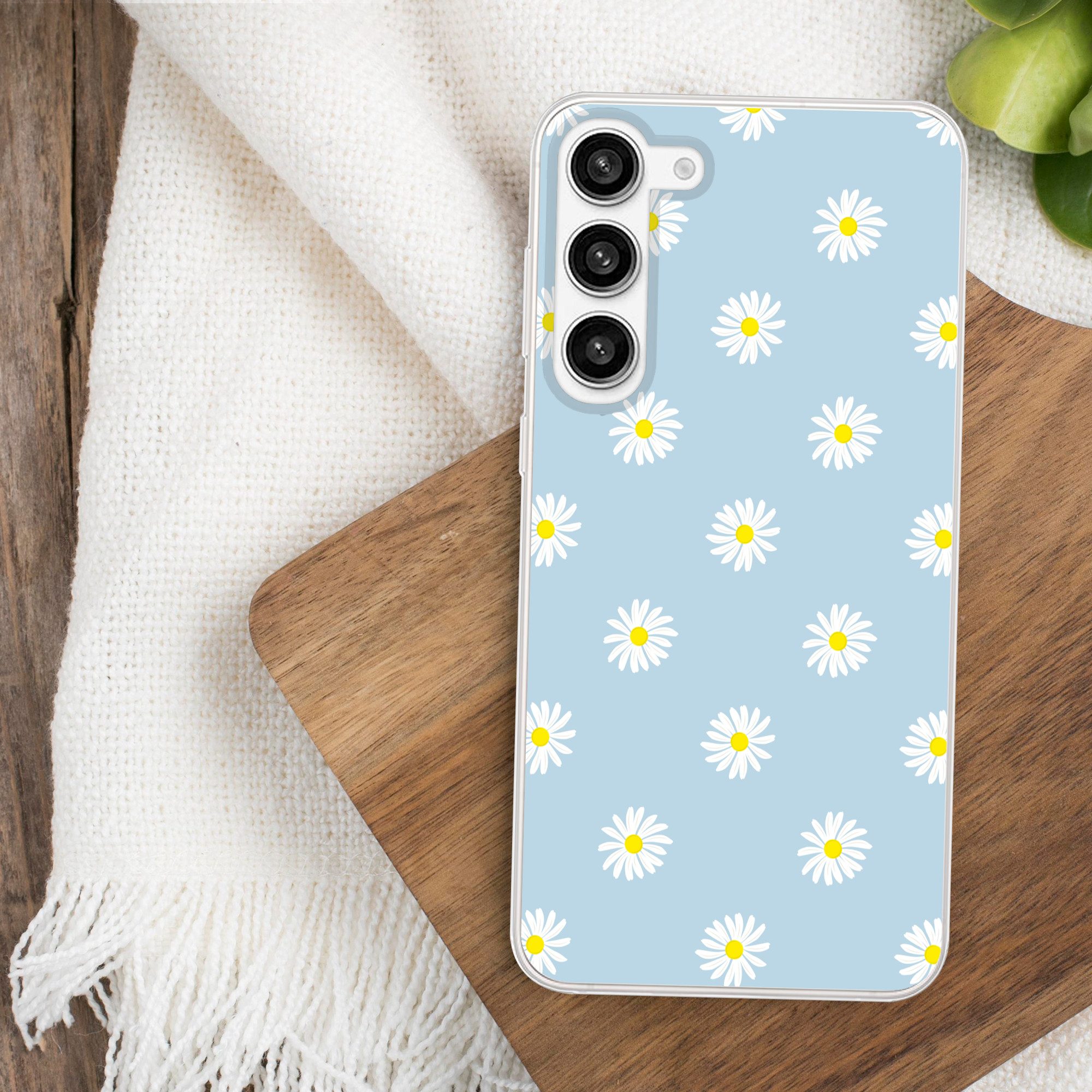 MuchoWow Handyhülle für Samsung Galaxy S23 Plus Gänseblümchen - Pastell - Weiß - Blau - Bl, Phone Case, Silikon, Schutzhülle Dünn