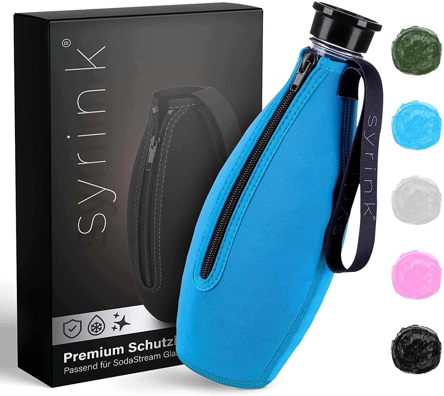 ROXUS kompatibel Thermoflasche 2.0 SodaStream SYRINK® Glasflasche, Thermohülle mit blau Crystal Neoprenschutzhülle