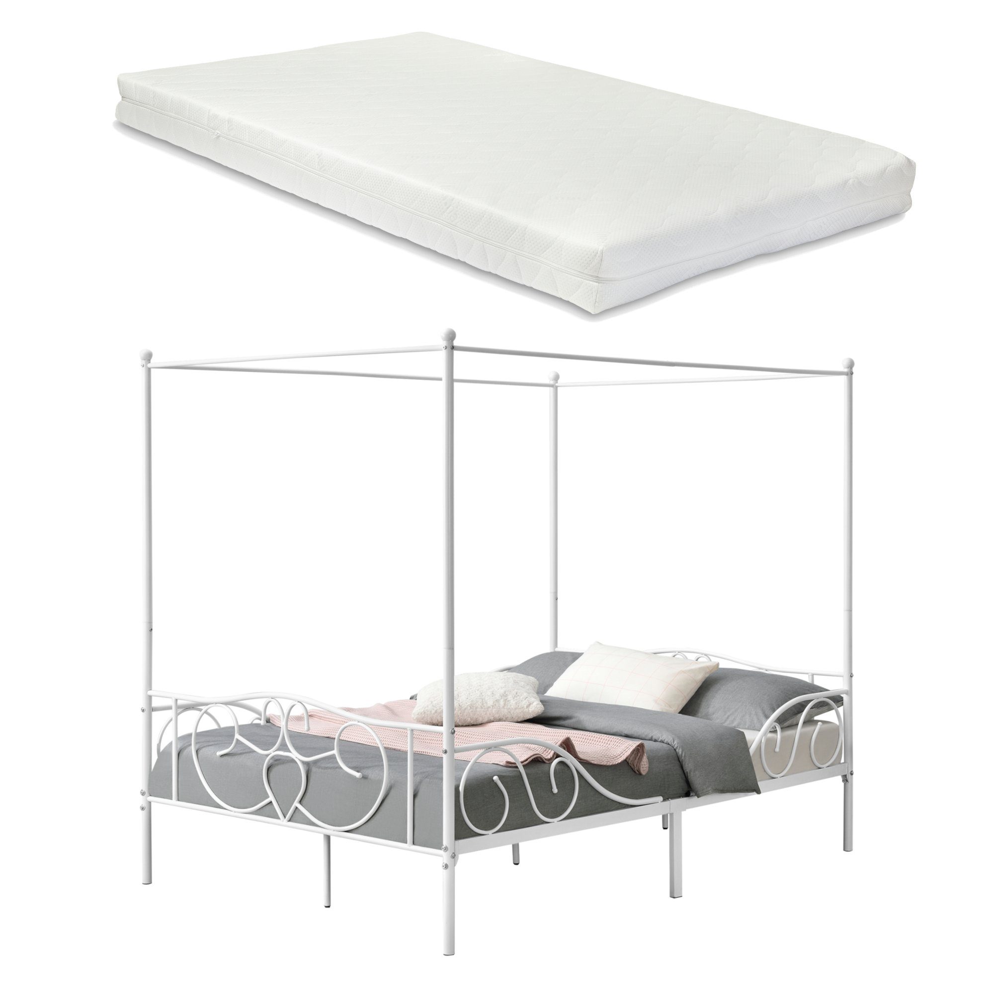 en.casa Himmelbett, »Finström« Doppelbett aus Stahl 140x200 cm mit Matratze Weiß