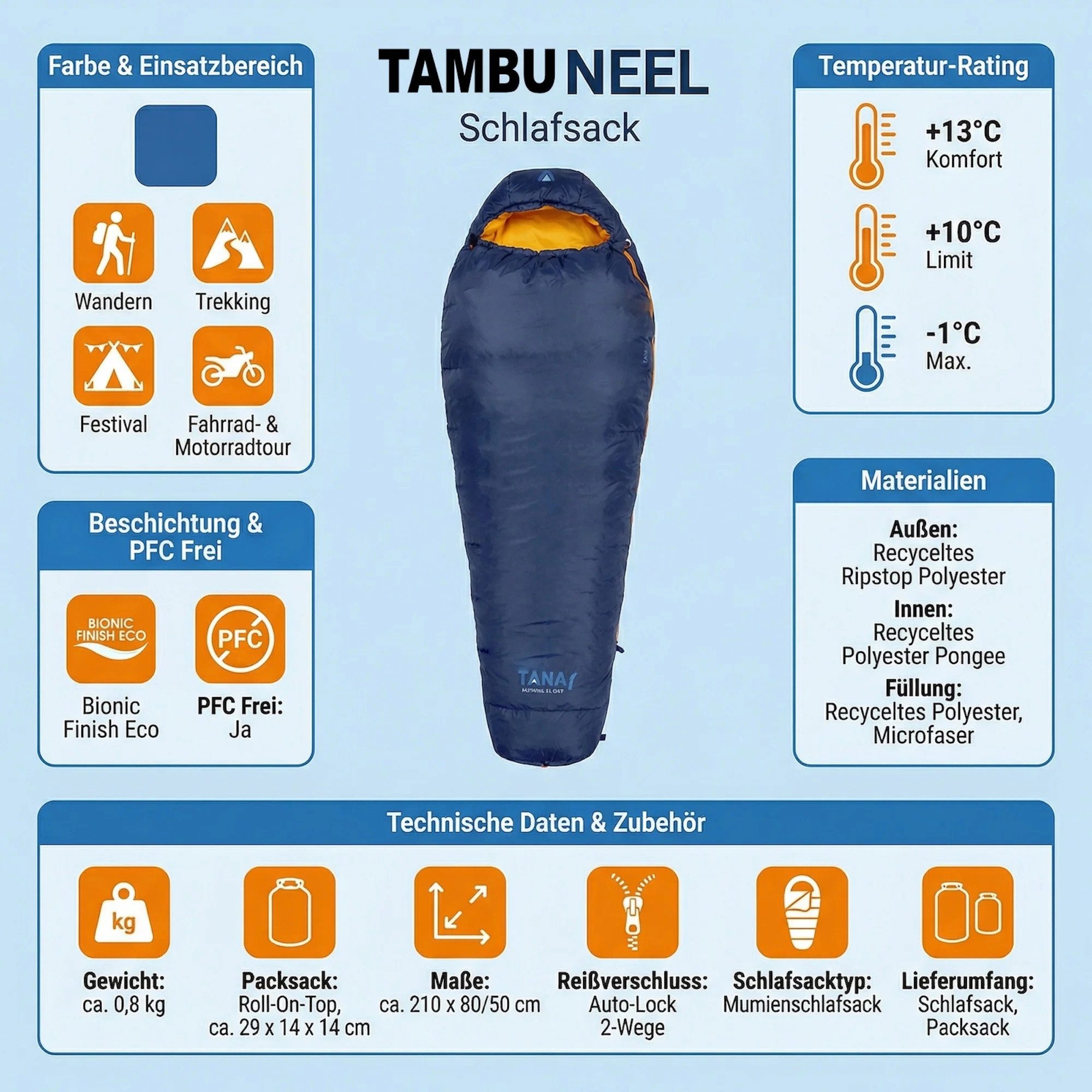 Tambu Mumienschlafsack Mumienschlafsack Neel Blau 800g Sommer Schlafsack Trekking Backpacking, Ultraleicht, PFC Frei, Auto-Lock 2-Wege Reißverschluss