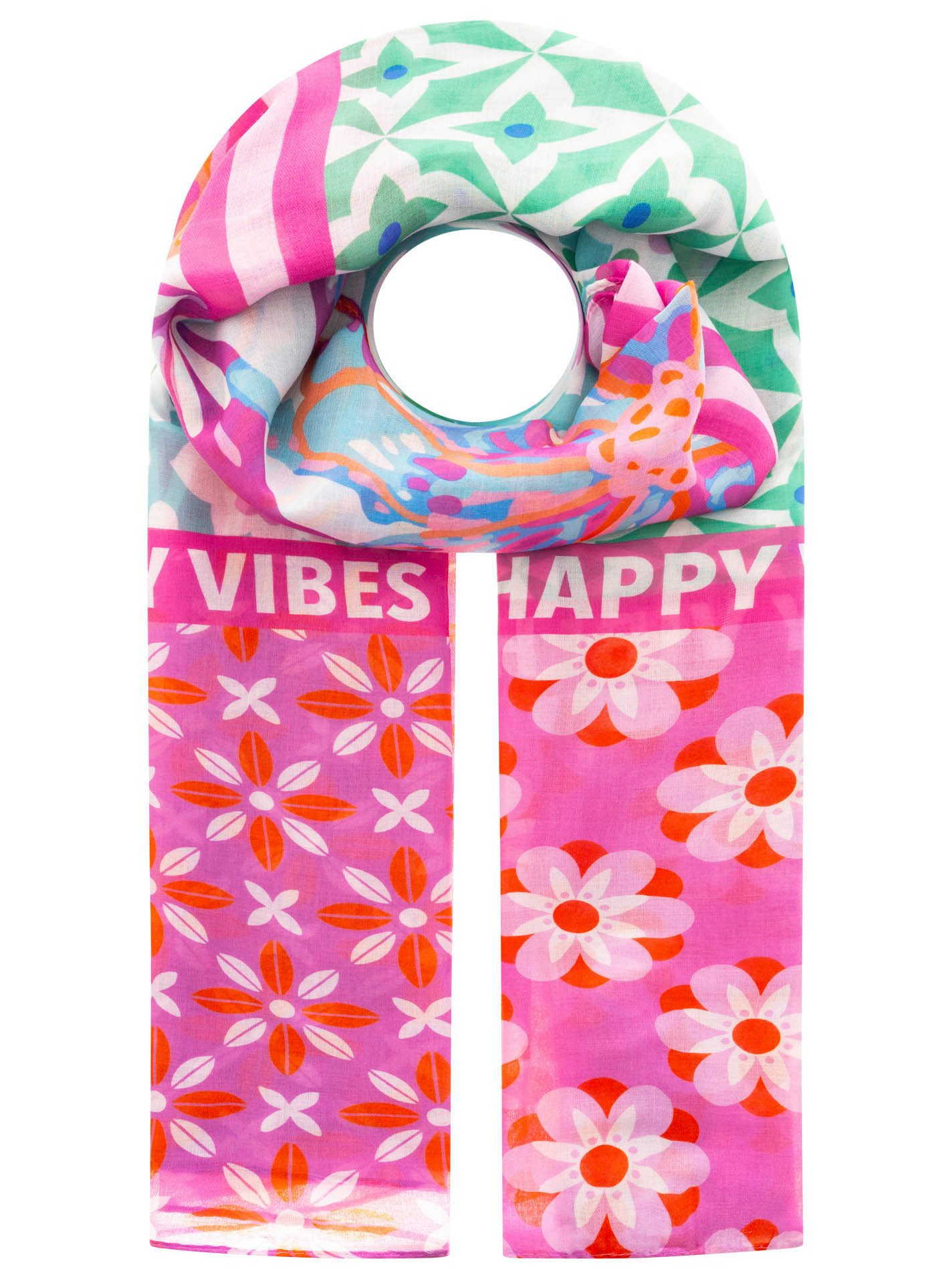 Zwillingsherz Schal "Flower Block", Florales Muster mit Schriftzug, transparent