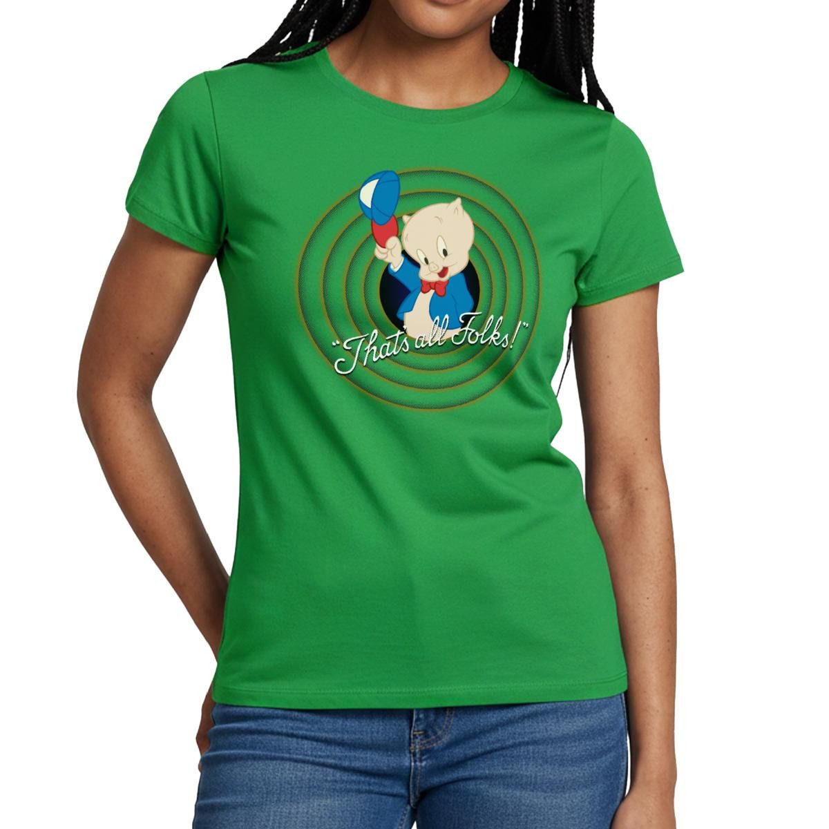 Spreadshirt T-Shirt Looney Tunes Schweinchen Dick Thats All Folks Frauen T-Shirt (1-tlg) Slim Fit, fällt klein aus