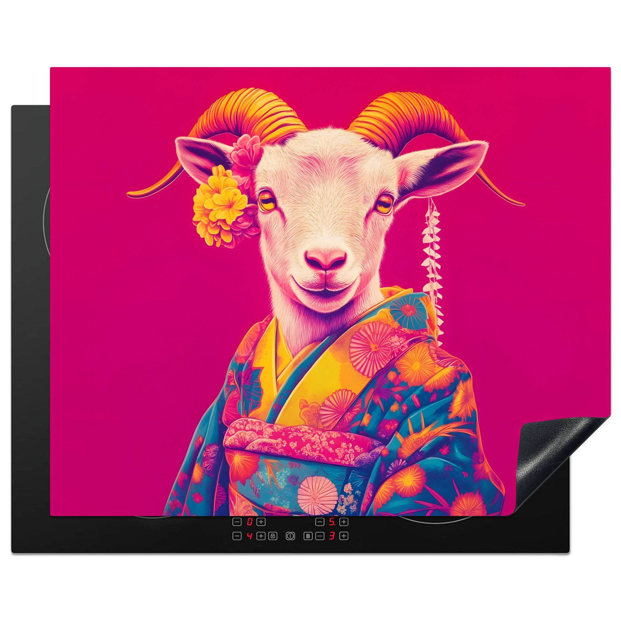 MuchoWow Herd-Abdeckplatte Ziege - Hörner - Kimono - Farbenfroh, Vinyl, (1 tlg), Herdabdeckplatten für Ceranfeld, Induktionsschutz, 65x55 cm