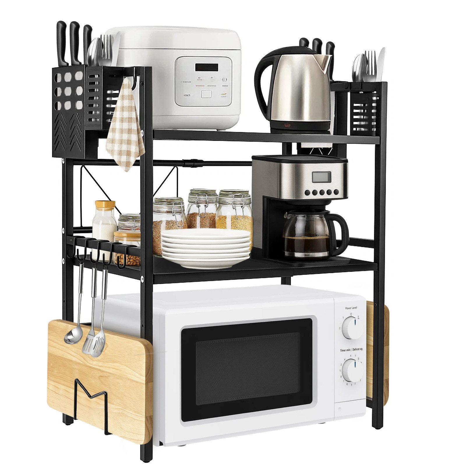 Youyijia Mikrowellen-Wandhalterung Mikrowellen Regal 3-stufig Küchenregal aus Stahl mit 8 Haken