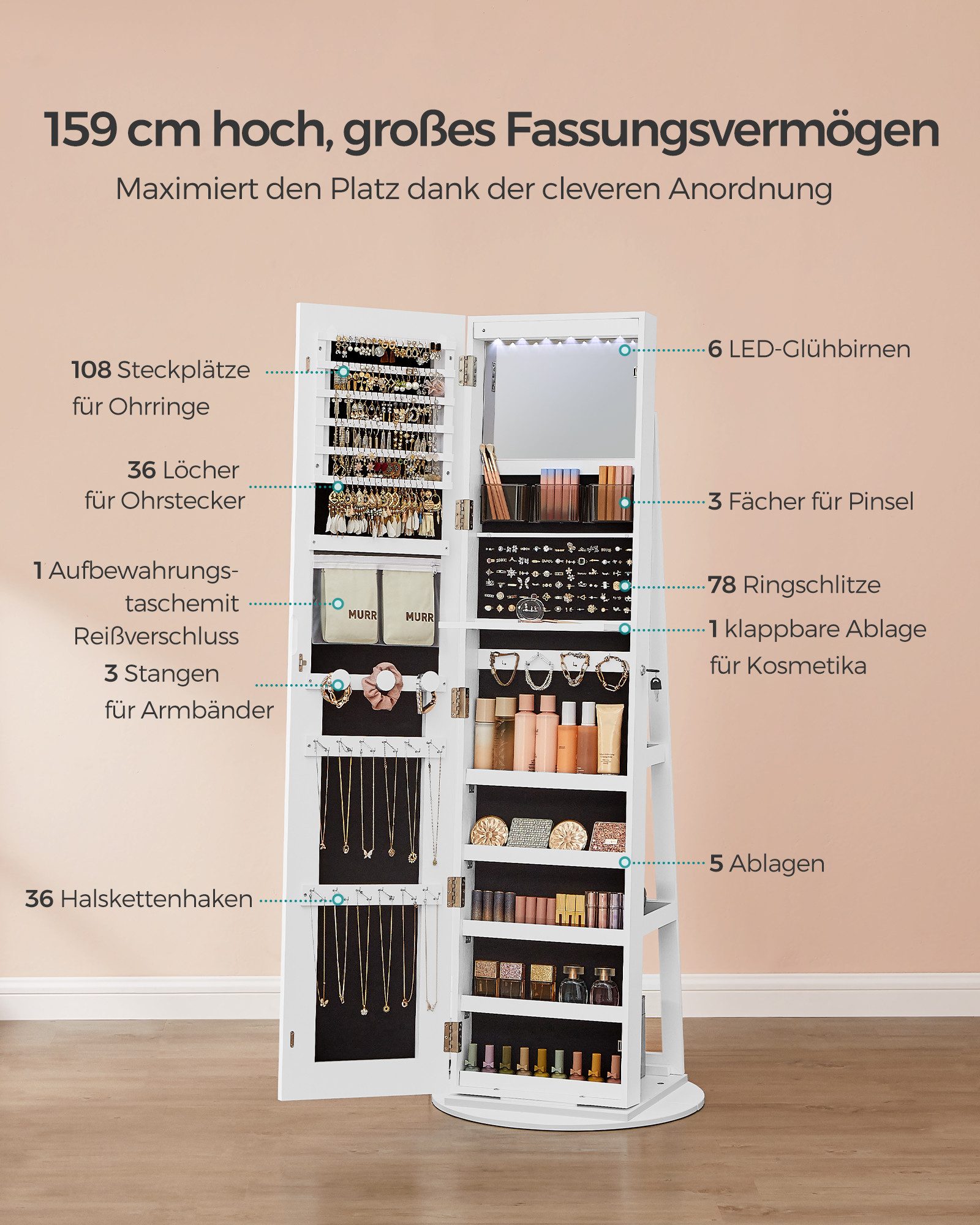 SONGMICS Schmuckschrank mit LED-Beleuchtung und Spiegel, Spiegelschrank, Geschenkidee abschließbar, einstellbare Helligkeit, platzsparend, 55 x 55 x 159 cm – Bild 5 von 5