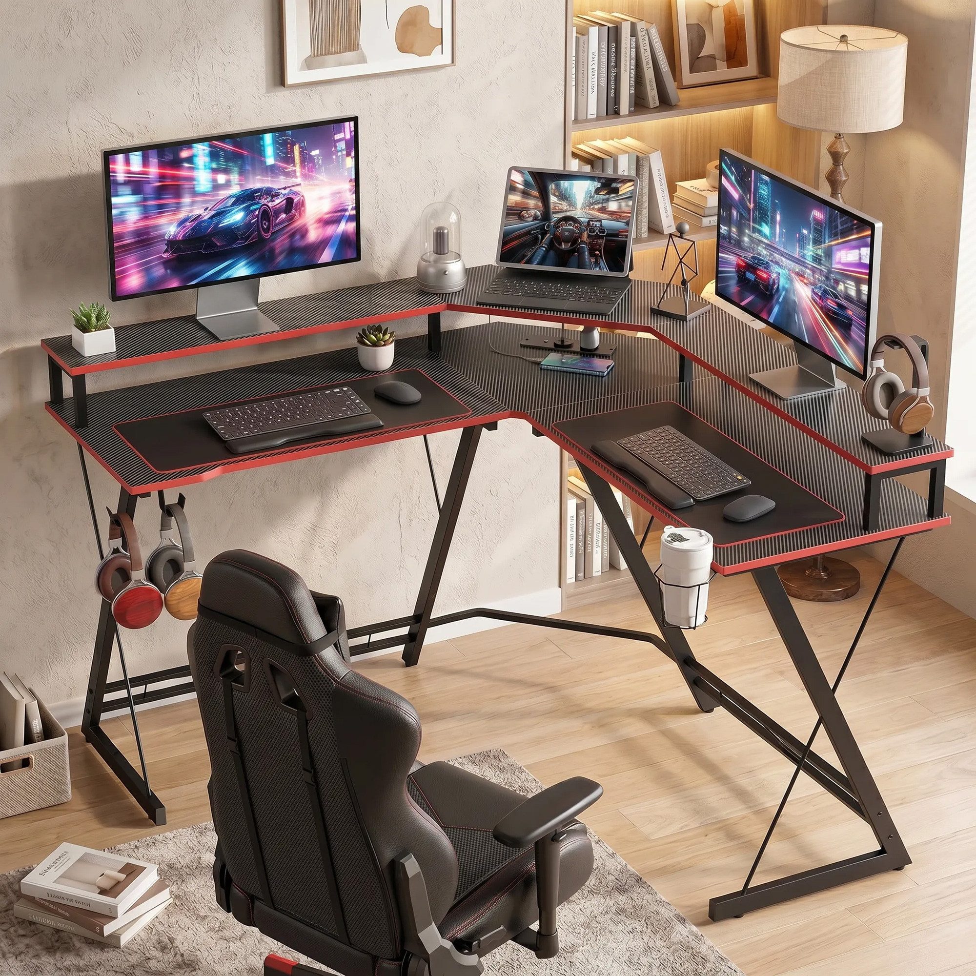 OKWISH Schreibtisch L-förmiger Computertisch 128 cm mit Steckdosen und Monitorständer (Packung, 1-St., Integrierter Kopfhörerhaken und Getränkehalter für den Alltag), Eckschreibtisch mit praktischem Zubehör für Büro und Homeoffice
