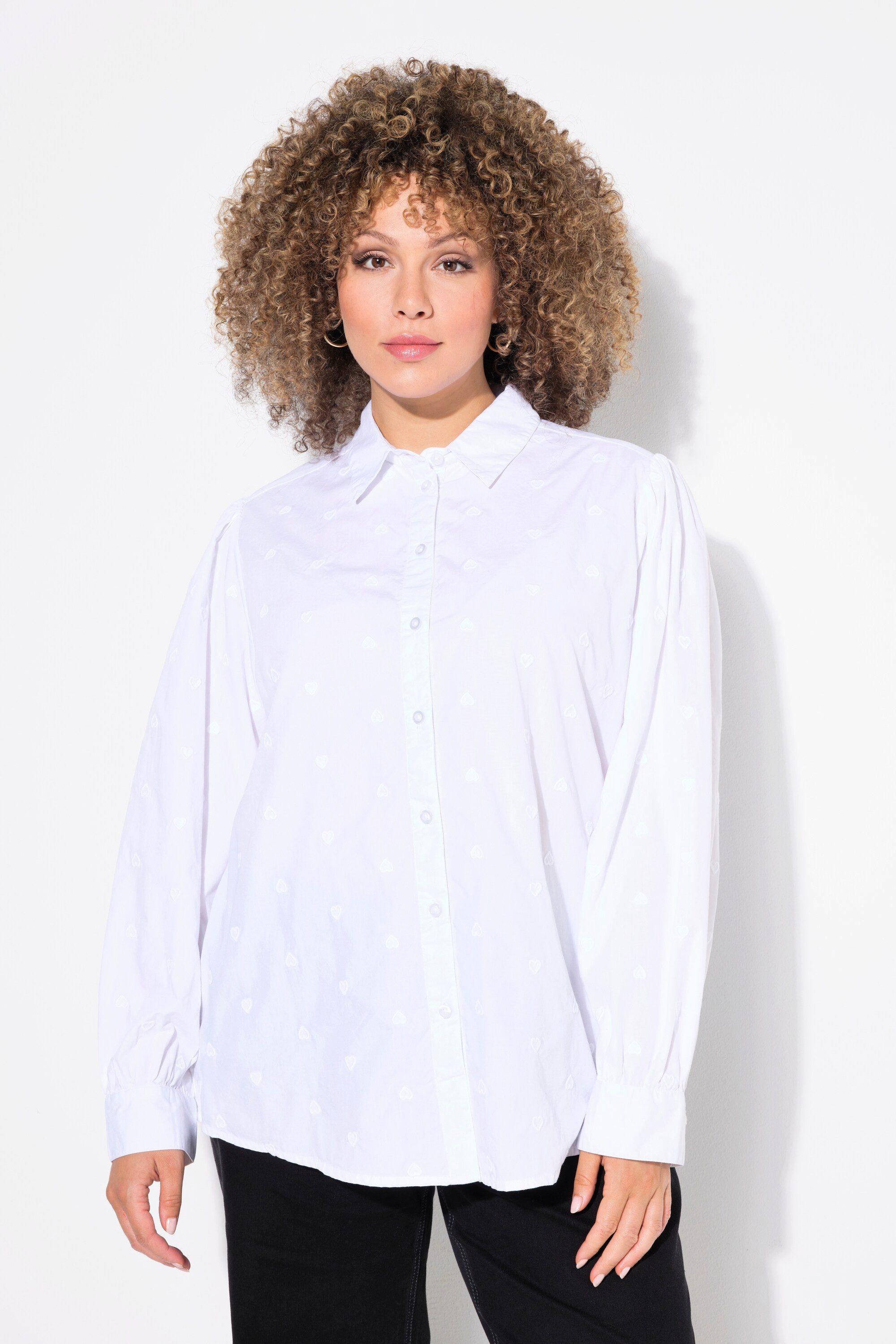 Longbluse Bluse Herz-Stickerei A-Linie Hemdkragen Langarm