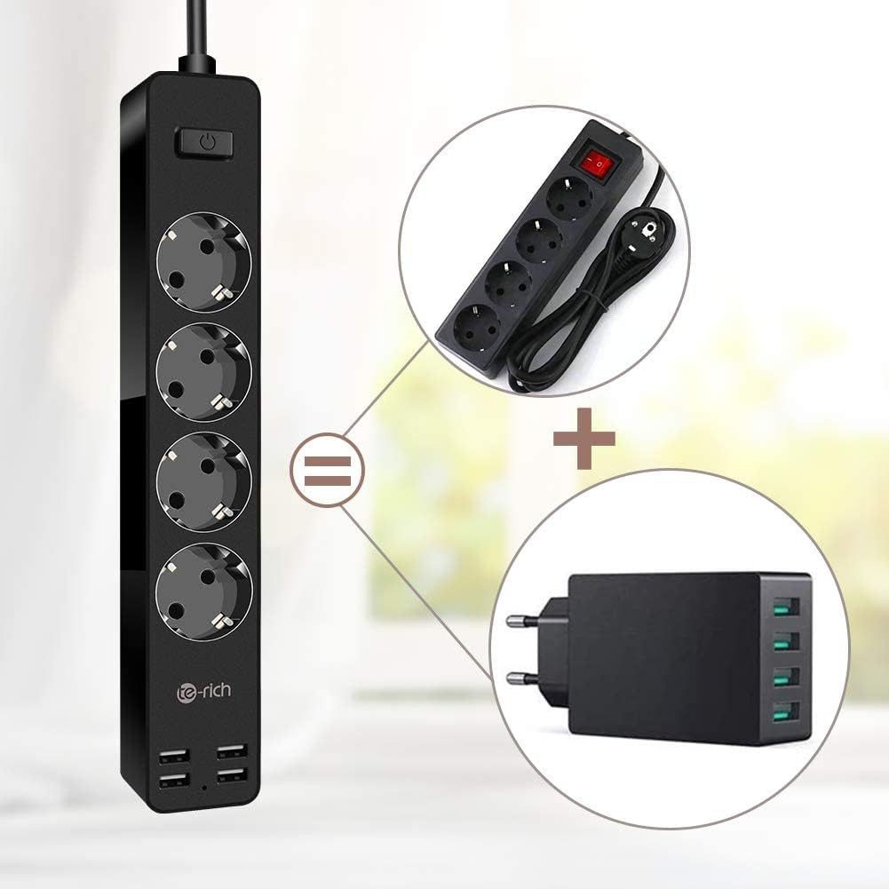 te-rich Steckdosenleiste USB, 4 Steckplätzen, 1,8 m Kabel, Schutzfunktionen. Einbau-Tischsteckdose 8-fach (4 Steckdosen (2400 W) und 4 USB-Anschlüsse (17 W)., 1,8 m Hochleistungskabel aus reinem Kupfer., Wandmontagemöglichkeit mit 4 Befestigungslöchern., Eingebaute Sicherheitsverschlüsse für Kinderschutz., Überlastschutz., Kurzschlussschutz., Überstromschutz., Kindersicherheitsverschlüsse., Kabellänge 1.8 m), Mehrfachsteckdose 4 Steckplätzen, 4 USB-Anschlüssen Schutzfunktionen.