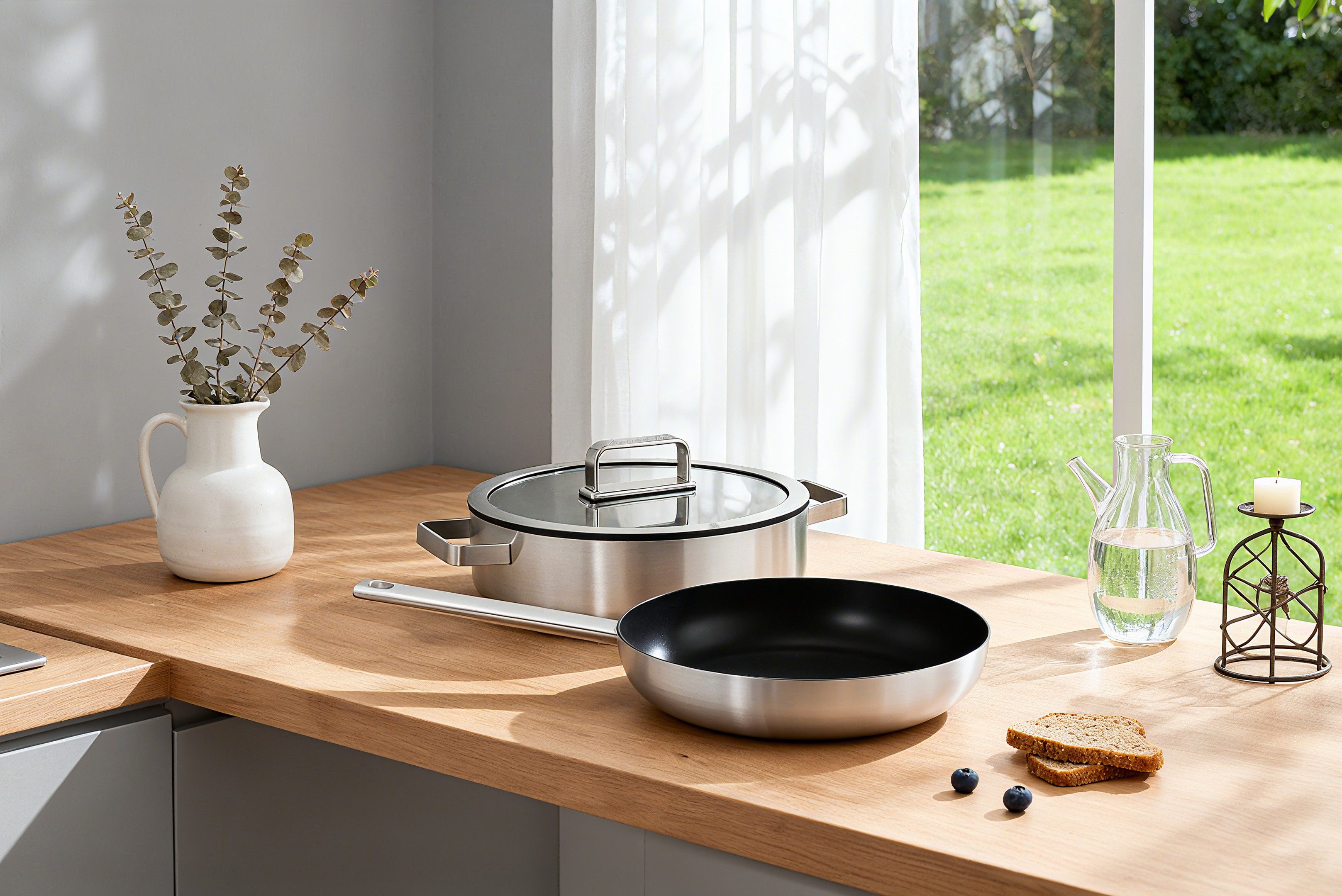 Hanseatic Pfannen-Set PREMIUM, Edelstahl (Set, 3-tlg., 1x Pfanne 24 cm, 1x Servierpfanne 28 cm mit Deckel), mit Antihaftbeschichtung, für alle Herdarten, Induktion