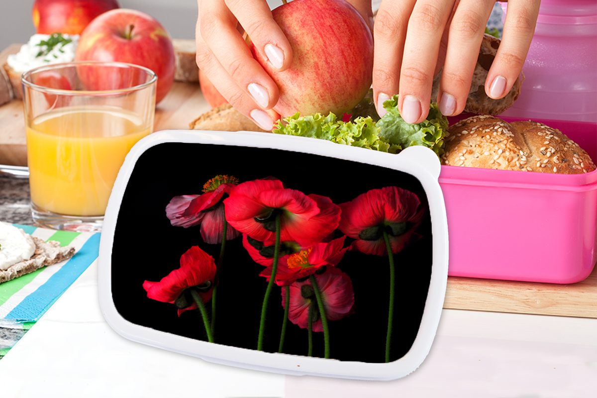isländischen Die Brotbox Hintergrund, Lunchbox Kunststoff, rosa schwarzem Mädchen, MuchoWow auf Kunststoff Kinder, Mohnblumen für Erwachsene, (2-tlg), Snackbox, Brotdose