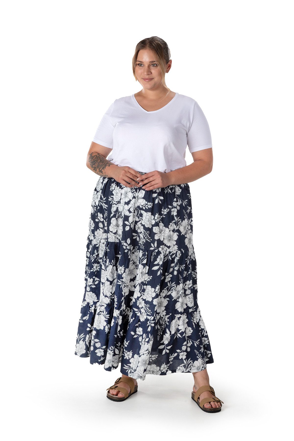 Stil Diva Midirock Langer Rock in Übergröße mit Blumenmuster, verstellbarem Bund und Knöc