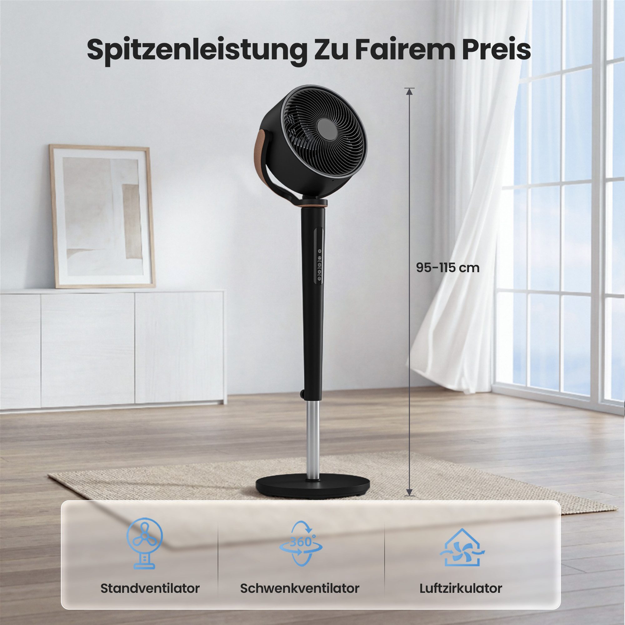 Furnicopia Standventilator mit Fernbedienung, Leiser 20 dB, 3D-Schwenkung, Ventilatoren, 36 cm Durchmesser, 4 Modi, 16 Stufen, blaue Ambientbeleuchtung, Turbotechnik & Tragegriff