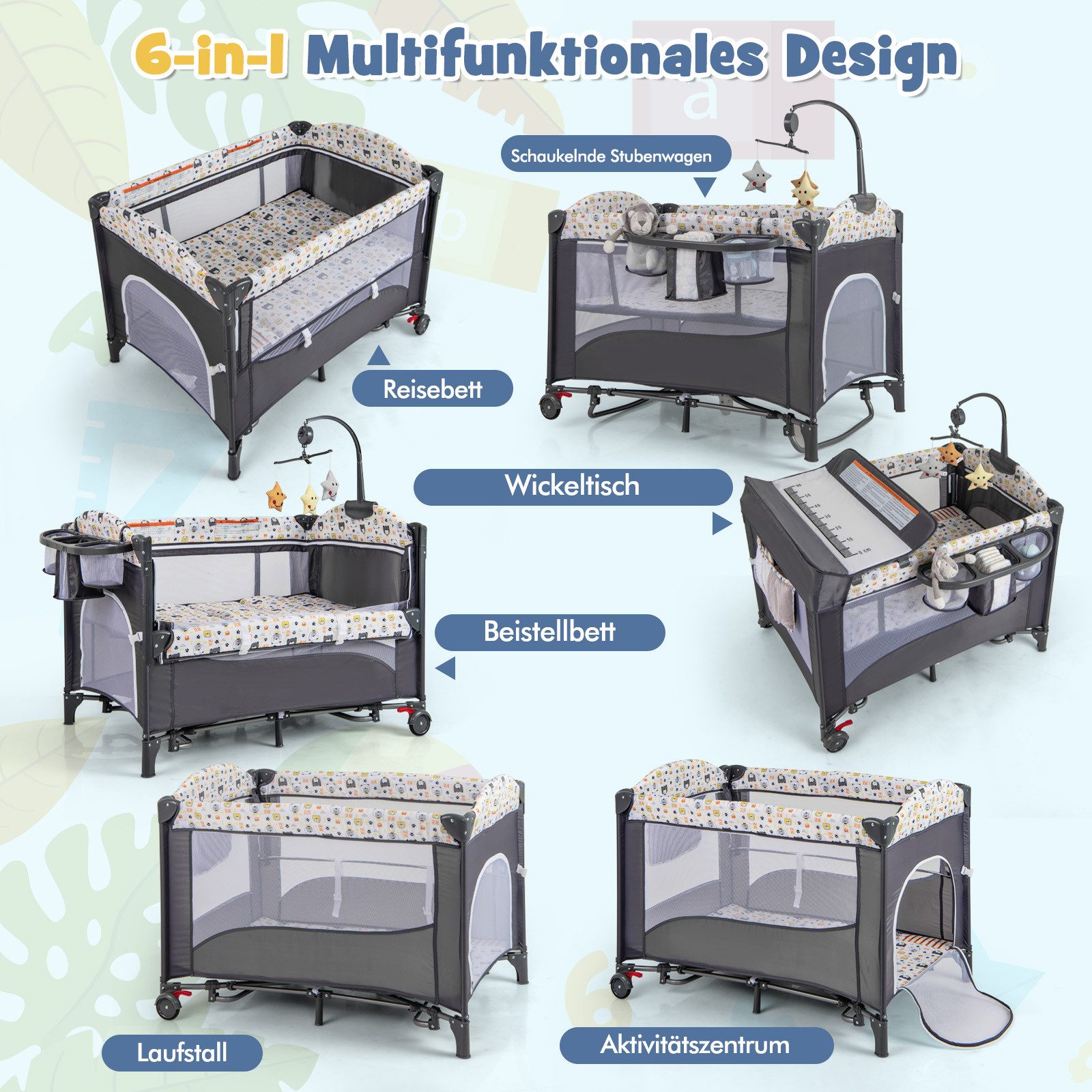 COSTWAY Beistellbett, 5 in 1 Babybett, Reisebett, höhenverstellbar, mit Rollen