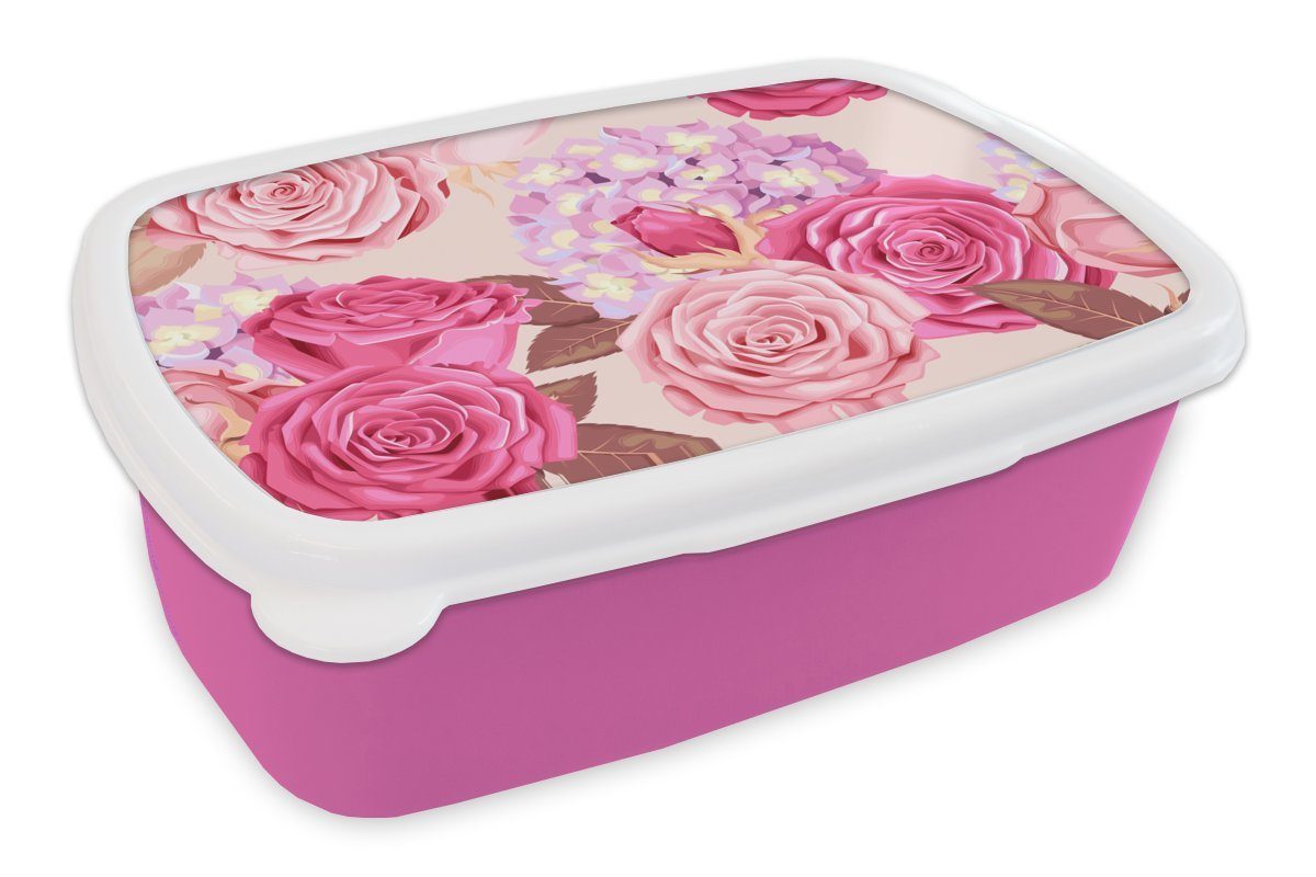 MuchoWow Lunchbox Rosen - Hortensien - Blumen - Rosa, Kunststoff, (2-tlg), Brotbox für Erwachsene, Brotdose Kinder, Snackbox, Mädchen, Kunststoff