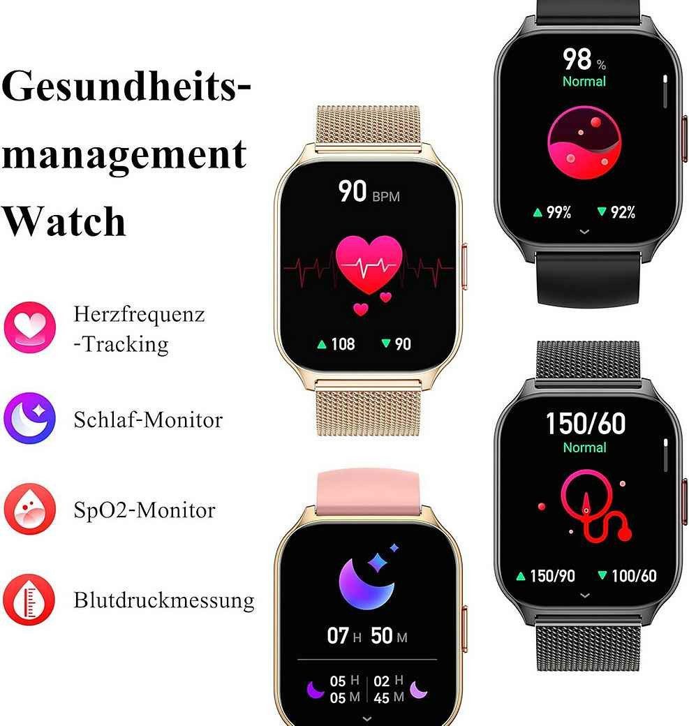 Zevelora Damen's und Herren's Fitness-Tracker Blutdruckmess Smartwatch (1,85 Zoll, Android/iOS), mit austauschbarem weichem Silikonarmband, mit SpO2 Herzfrequenz Schrittzähler Schlafmonitor, Musikwiedergabe