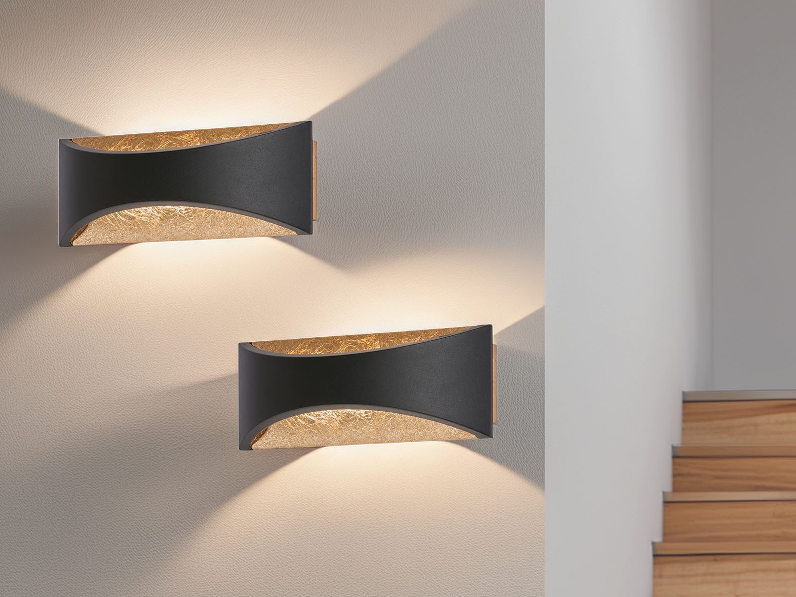 FISCHER & HONSEL LED Wandleuchte, LED fest integriert, Warmweiß, 2er SET Up Down Schwarz Gold, indirekte Wandbeleuchtung innen, 22,5cm