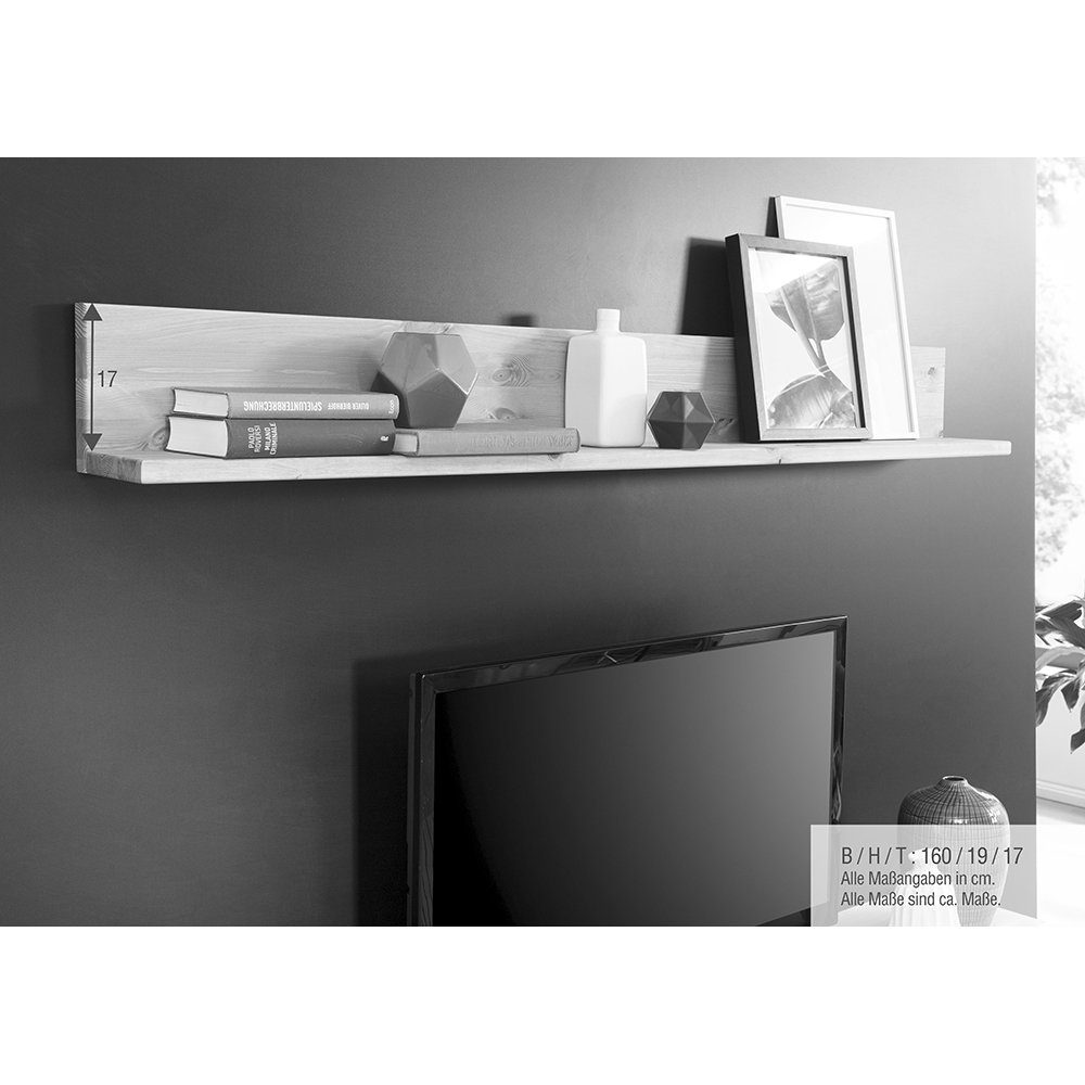 Wandregal Wohnzimmer, Lomadox Kiefer Massivholz, weiß in B/H/T: 160/19/17 cm WILSON-69,
