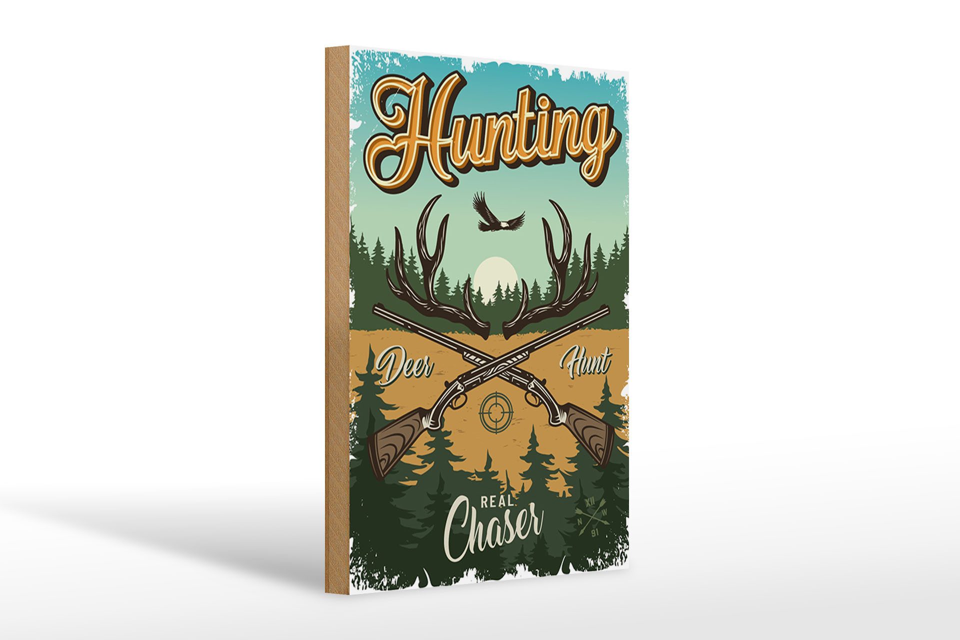 Femer GmbH Holzbild Jagd 20x30cm Hunting deer hunt Abenteuer, Camping Sport Hobby Freizeit (1 St), Glatte Holzfaserplatte (MDF), vorn beschichtet