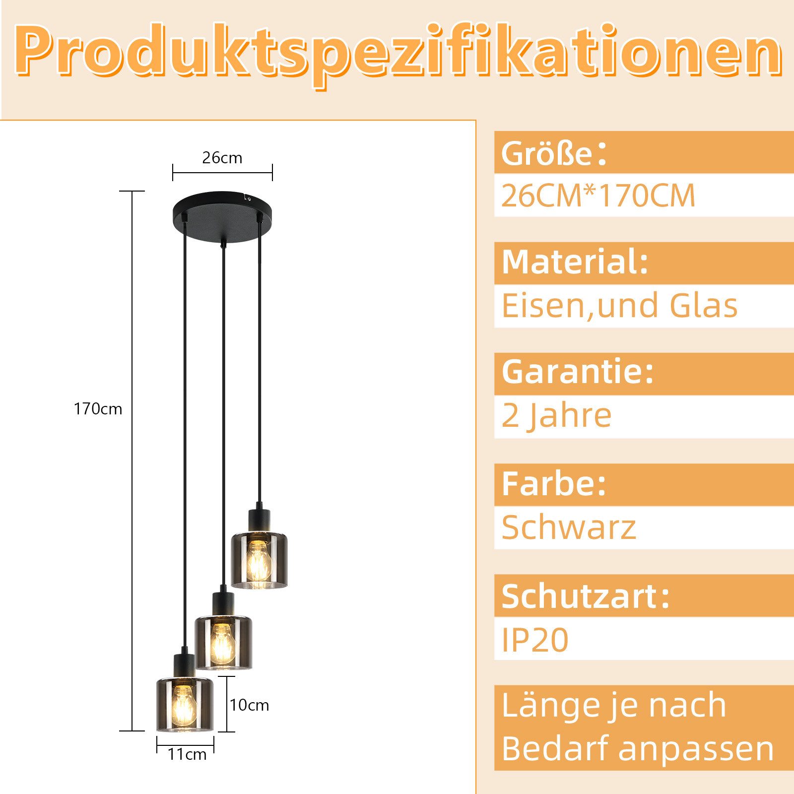 ZMH Pendelleuchte Esstischlampe Hängend Hängeleuchte Schwarz/Berstein - E27 Vintage Flur, ohne Leuchtmittel, Höhenverstellbar für Hotel Büro Vintage Esszimmerla – Bild 5 von 5