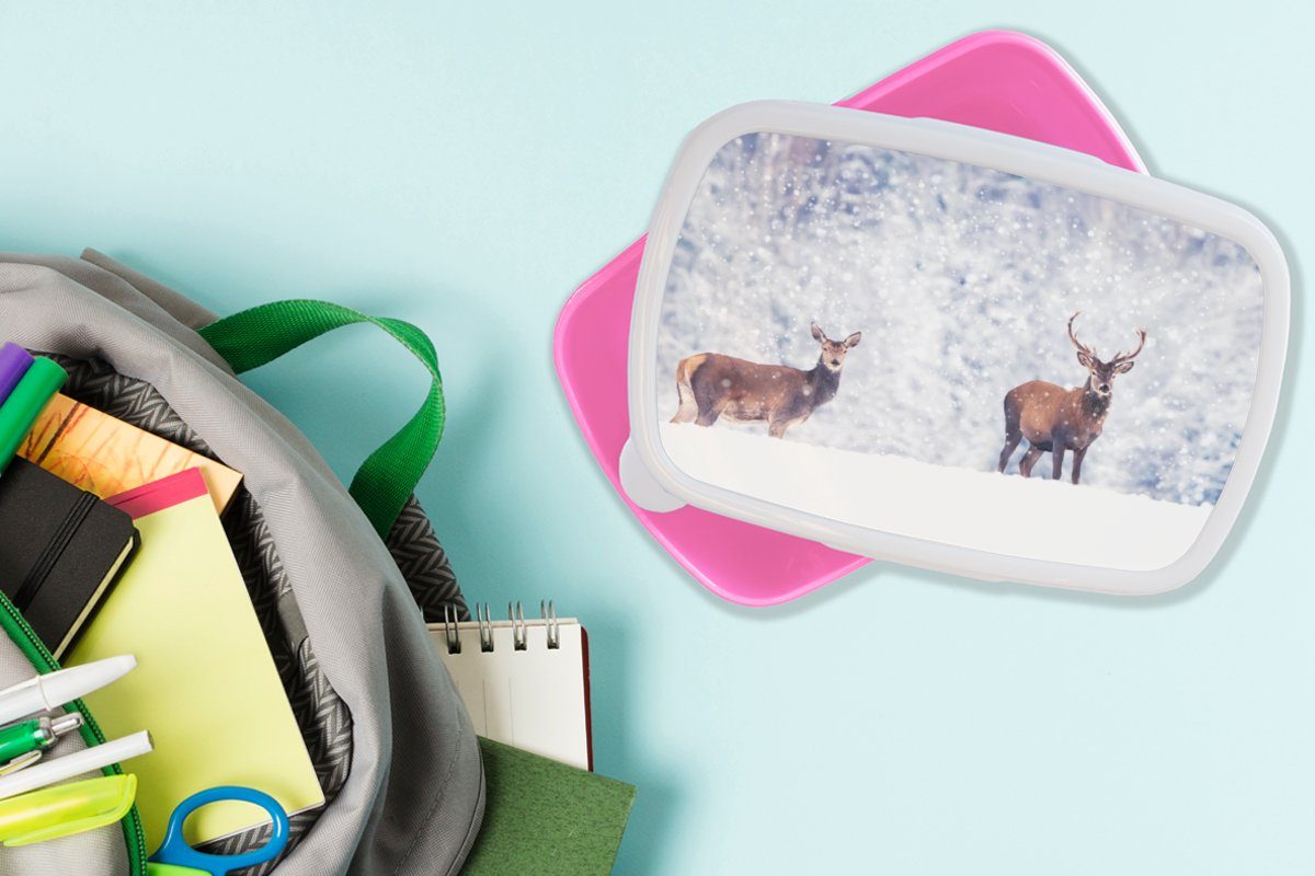 MuchoWow Lunchbox Brotbox Brotdose Tiere Kunststoff, (2-tlg), Erwachsene, - Kunststoff Kinder, rosa Schnee, Hirsche Snackbox, - Mädchen, für