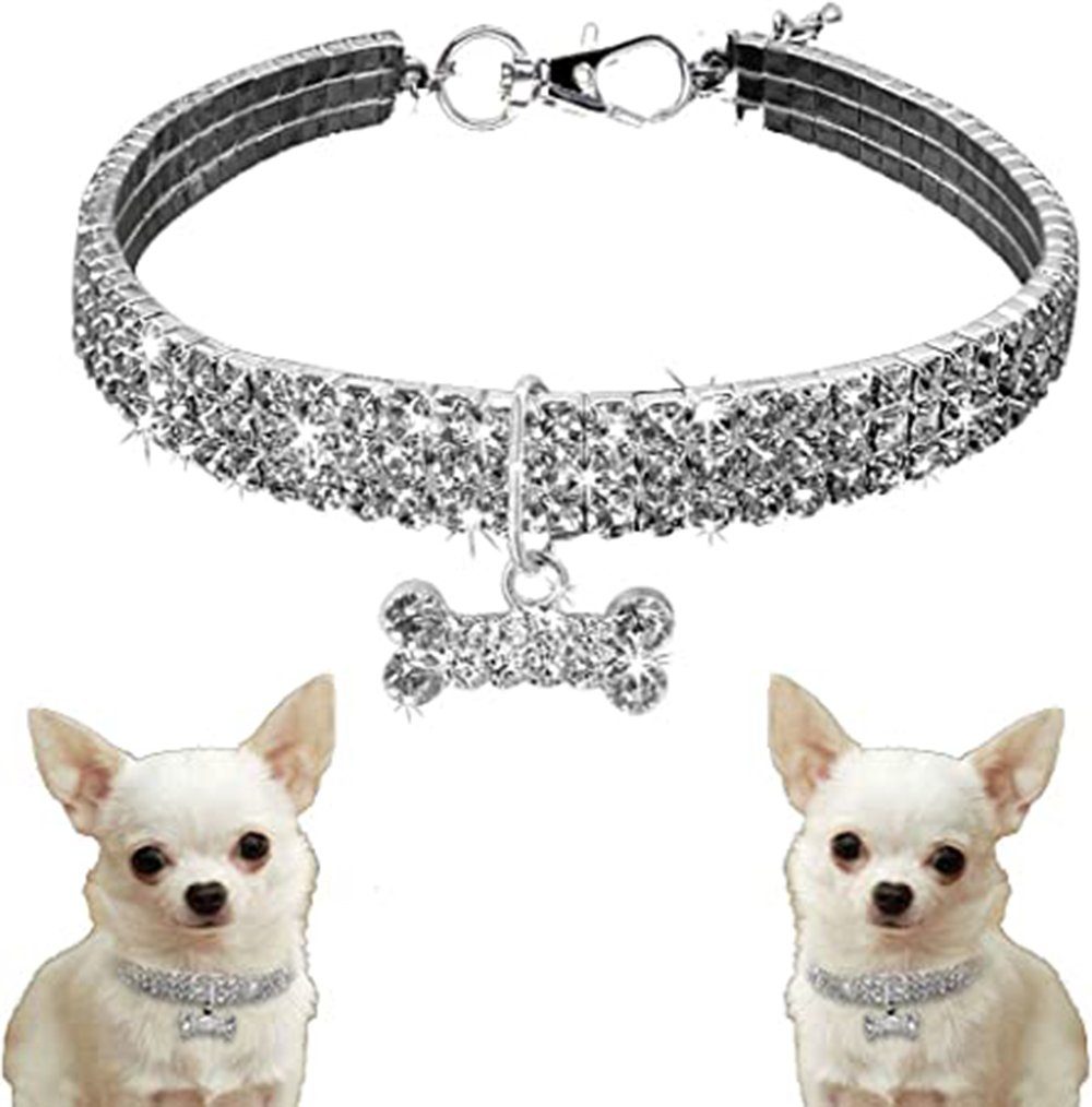 Housruse Hunde-Halsband Hundehalsband mit Strasssteinen für kleine und  mittelgroße Hunde, Haustierhalsbänder, Halskette mit Knochenform-Anhänger,  Silber S