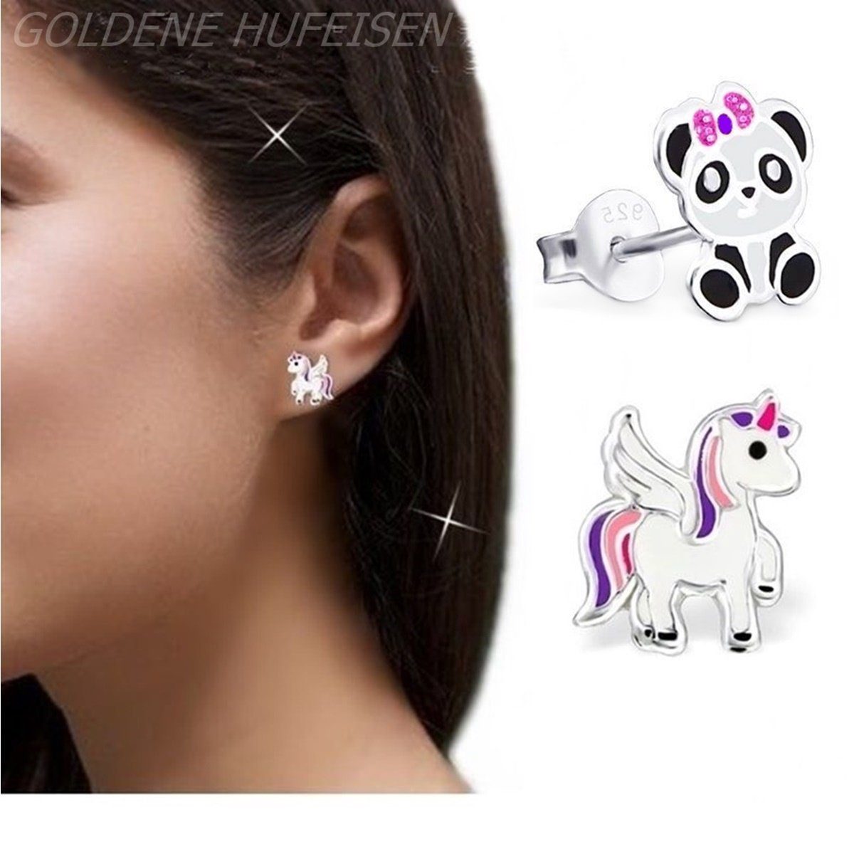 Goldene Hufeisen Ohrstecker-Set Panda Einhorn Pferd Mädchen Kinderohrringe (2 Paar Set, inkl. Etui), 925 Sterling-Silber, Hypoallergen, Kinderschmuck