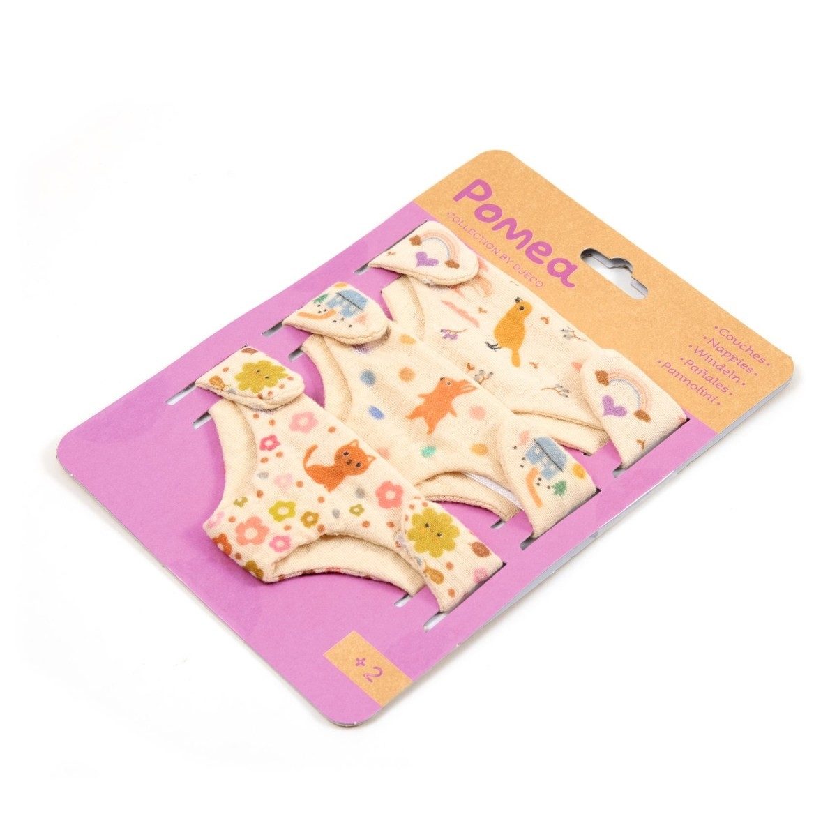 DJECO Puppen Windeln Pomea Windel-Set aus drei liebevoll gestaltete, waschbare Stoffwindeln