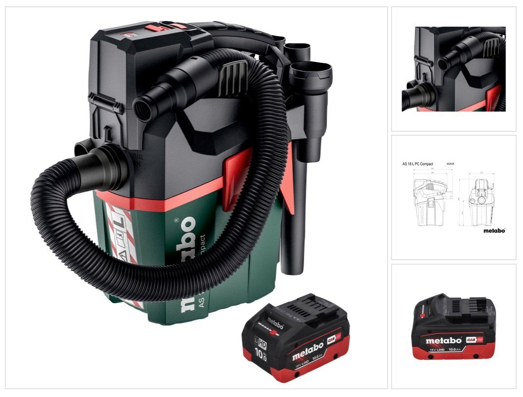 metabo Staubabsauger AS 18 L PC Compact Akku Sauger 18 V 6 l IPX4 Staubklasse L Nass und T